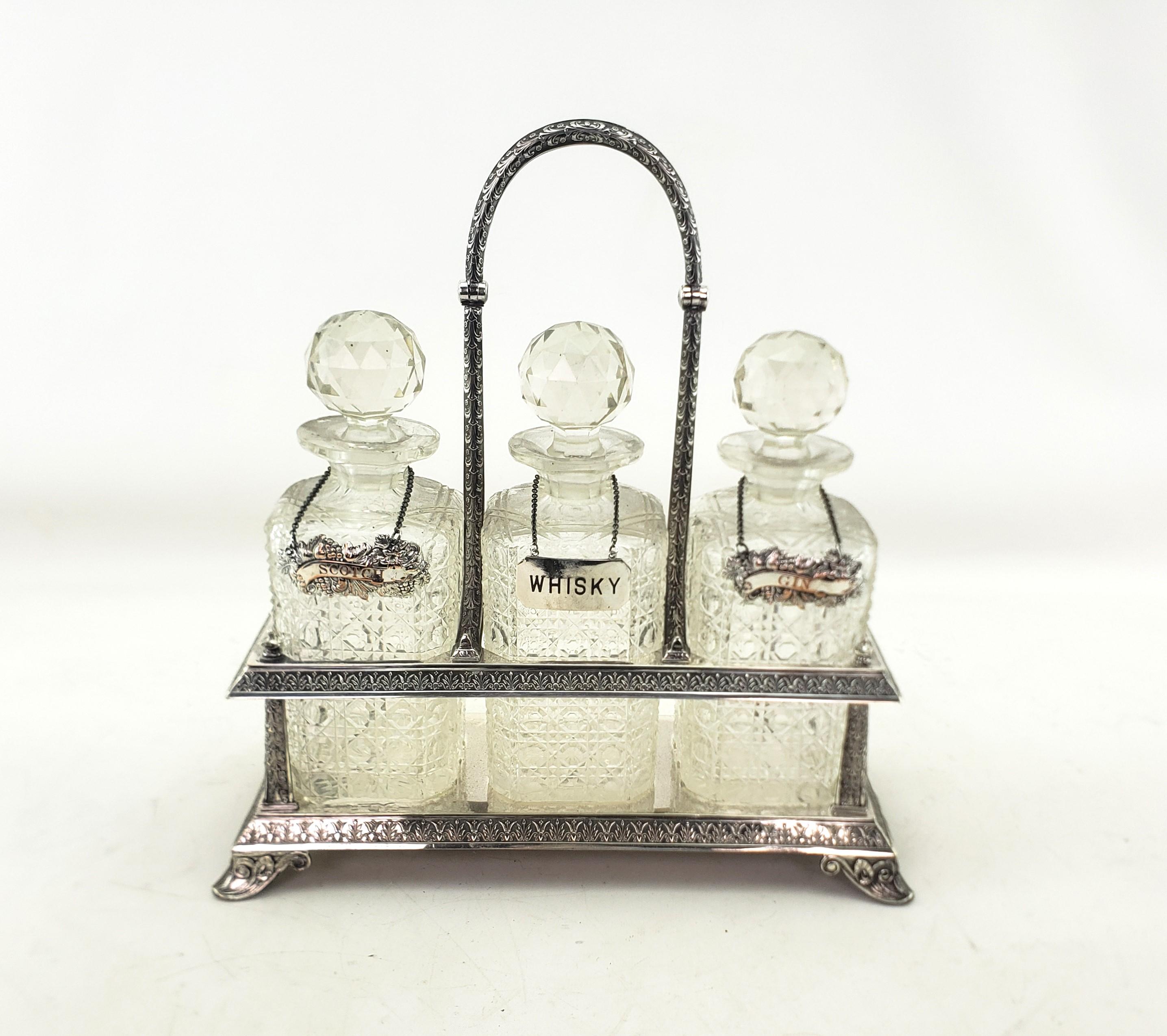 Art Nouveau Antique Elkington Silver Plated Tantalus with 3 Cut Crystal Liquor Decanters For Sale