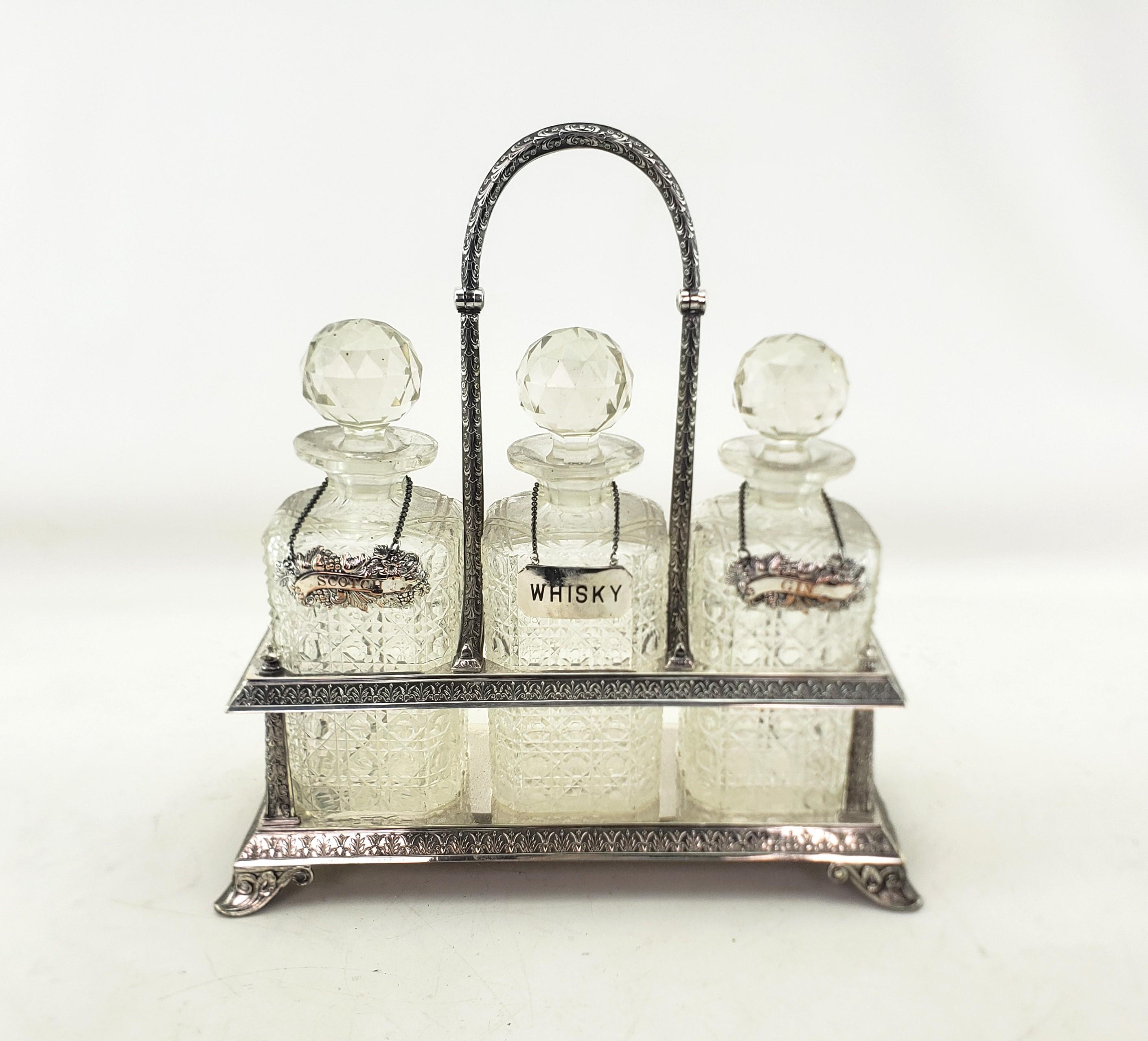 Antique Elkington Silver Plated Tantalus with 3 Cut Crystal Liquor Decanters For Sale 1