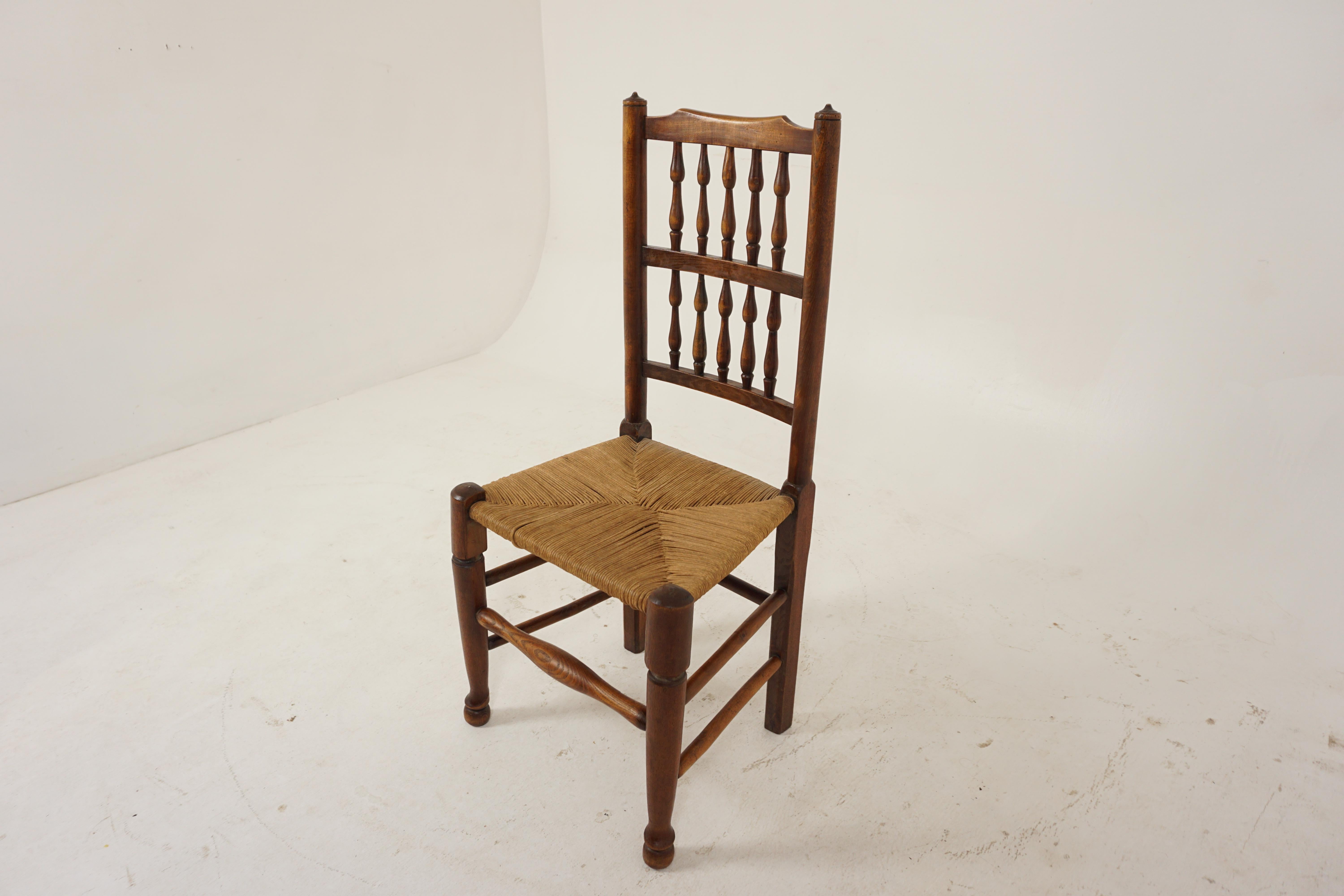 Antique Elm and Beechwood Lancashire rope seated chair, Scotland 1900, B2923

Scotland 1900
Solid Elm
Original Finish
Shaped to rail
With decorative turned spindle back
With rope seat
Supported on shaped front legs
The front legs terminate in pad
