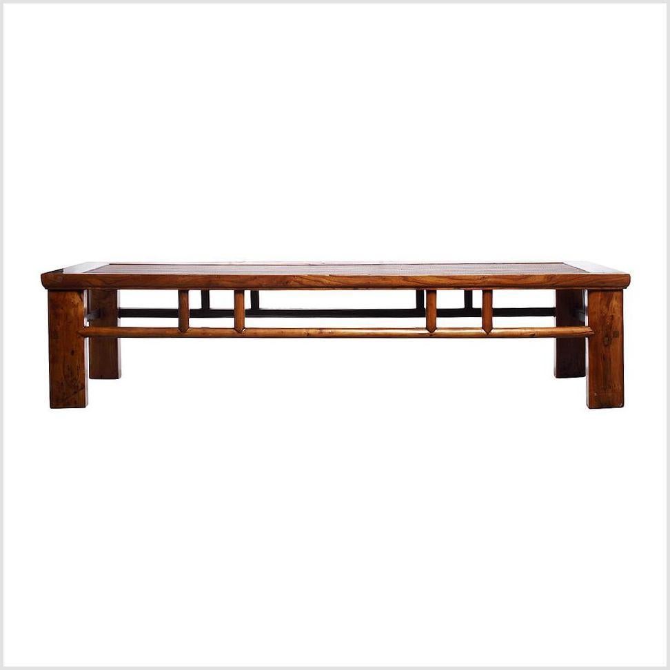 Chinese Antique Elm and Wicker Long Coffee Table from Southern China, Late 1800s