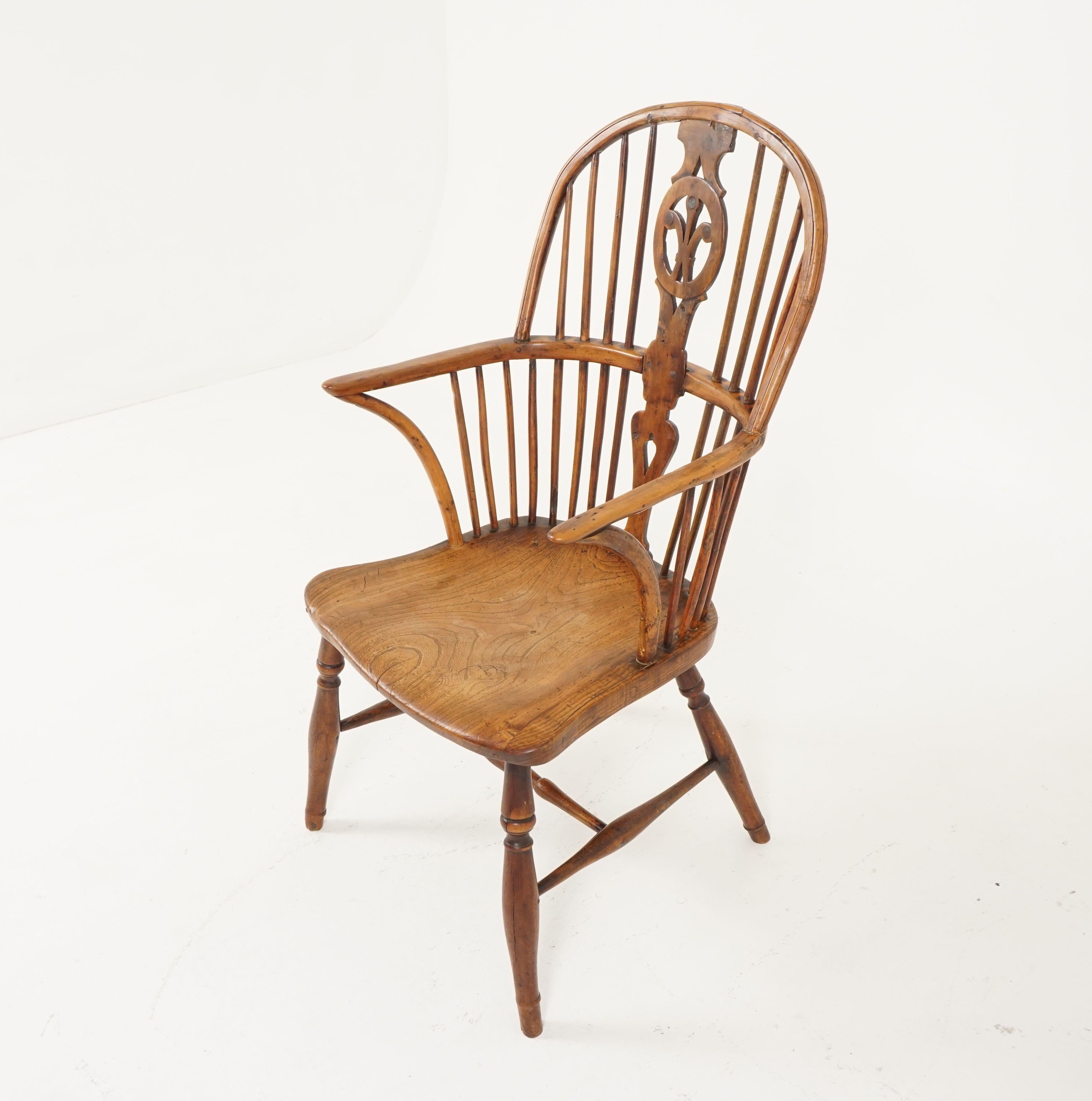Antique armchair, Victorian Elm chair, bow back Windsor armchair, Scotland, 1820

Scotland, 1820
Solid yew and elm
Original finish
The chair has arching hoops with scribed edge line
The splat back is set into a bent arm with crook arm