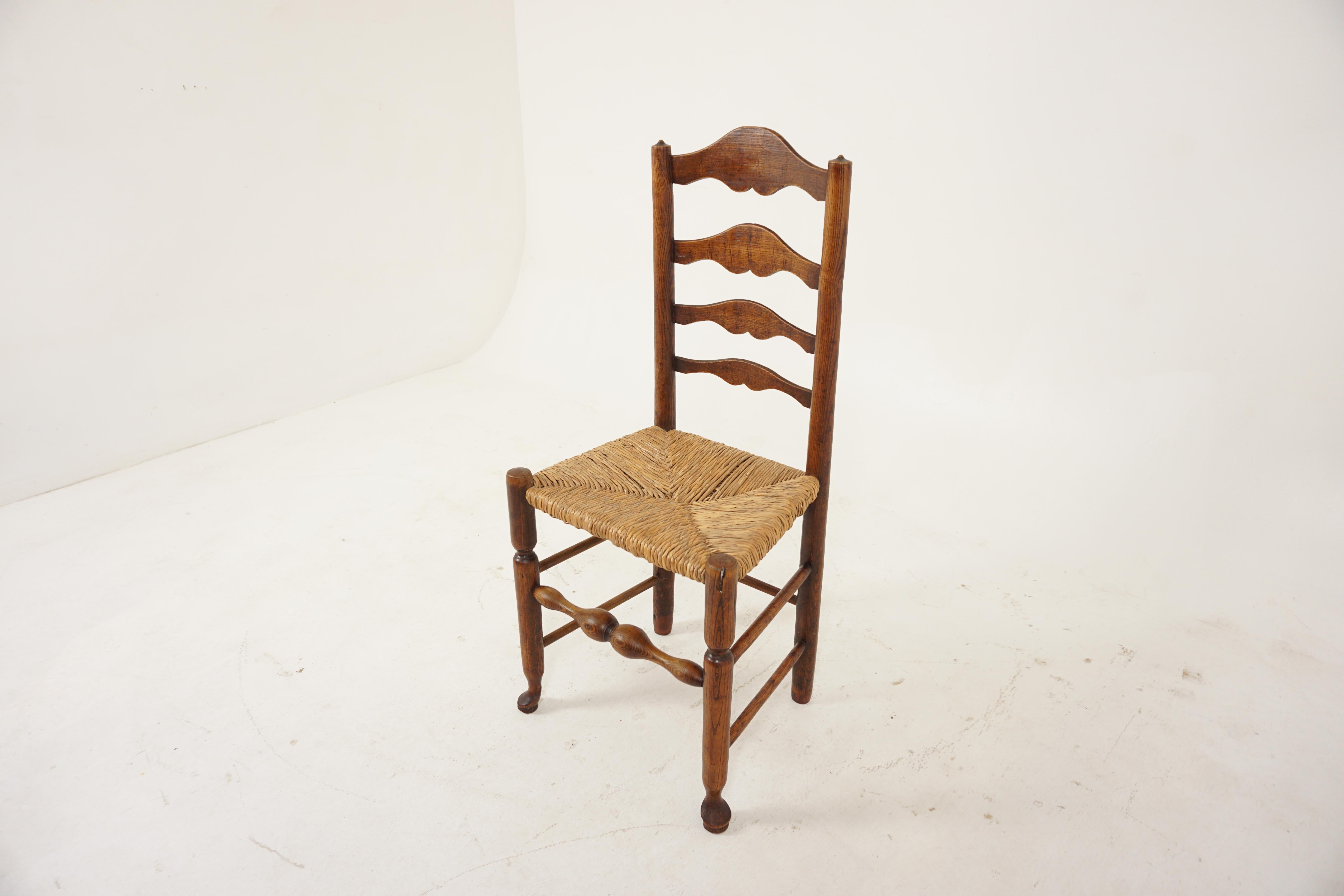 Antique Elm Cotswold ladder back rush seated chair, Scotland 1910, B2928

Scotland 1910
Solid Elm
Original Finish
Shaped top rail with graduating rails underneath
Replacement rush seat
Please note some damage to the seat
All standing on