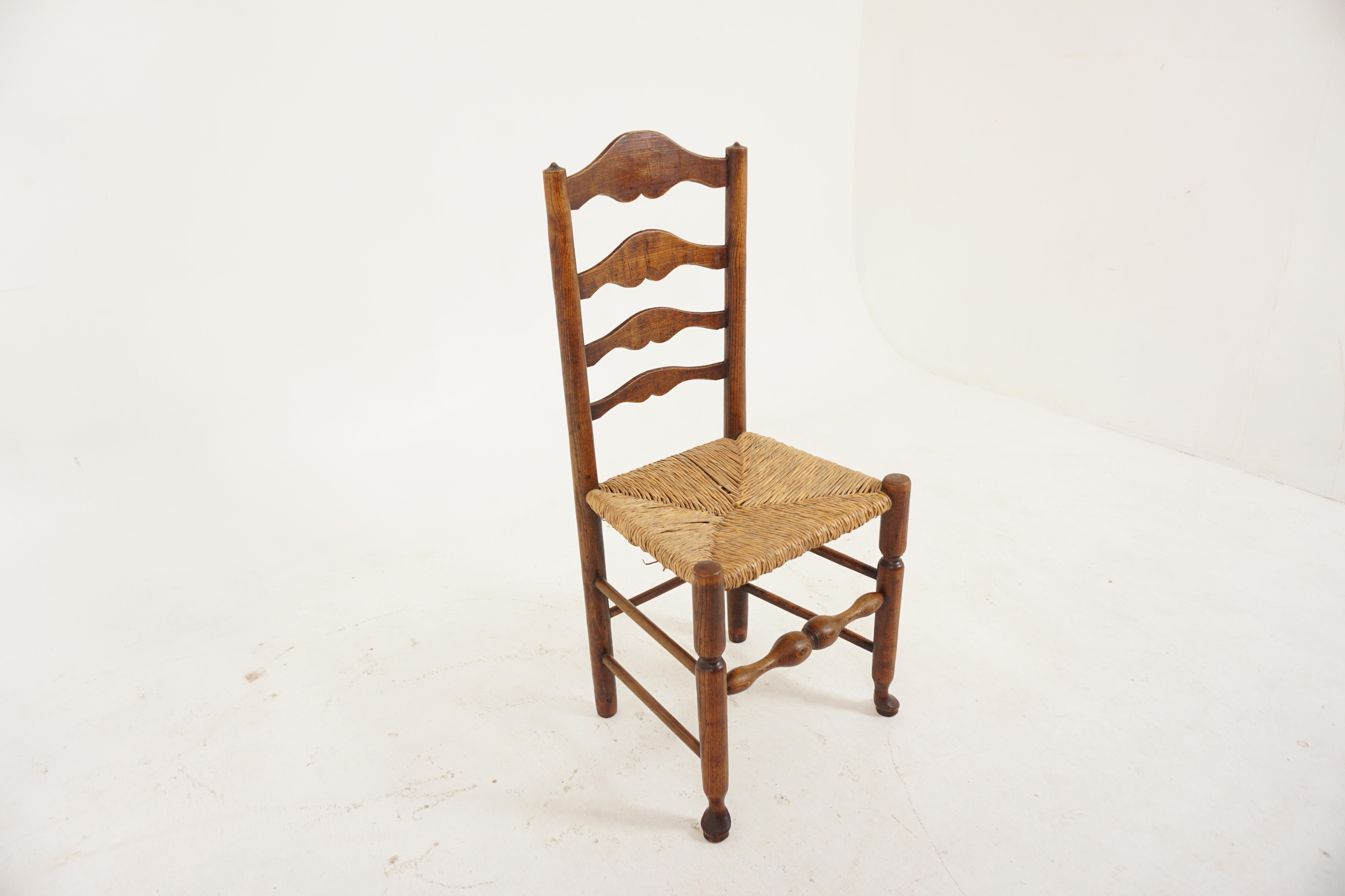 Scottish Antique Elm Cotswold Ladder Back Rush Seated Chair, Scotland 1910, B2928