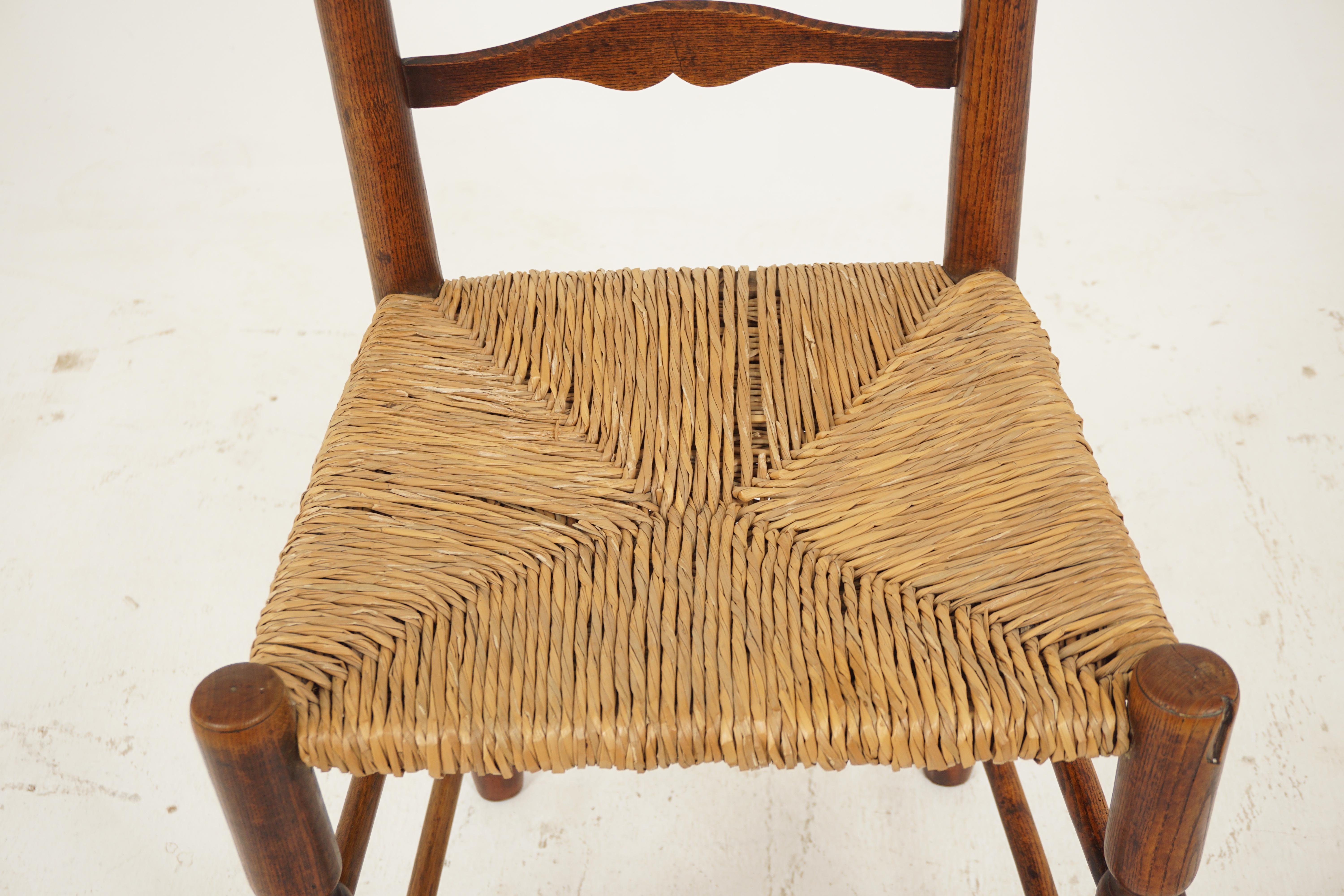 Early 20th Century Antique Elm Cotswold Ladder Back Rush Seated Chair, Scotland 1910, B2928