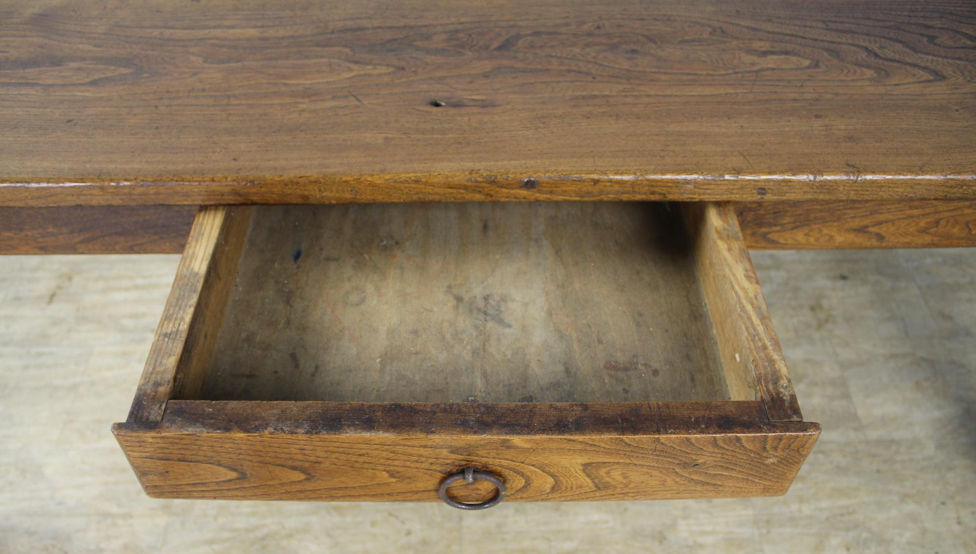 Antique Elm Farm Table with Cleated Top and Single Drawer 4