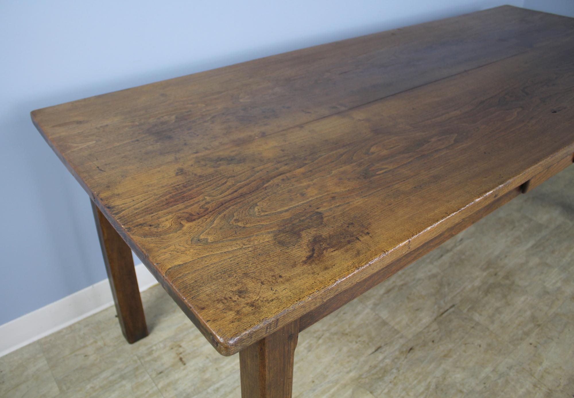 French Antique Elm Farm Table with Cleated Top and Single Drawer