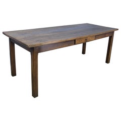 Antique Elm Farm Table with Cleated Top and Single Drawer