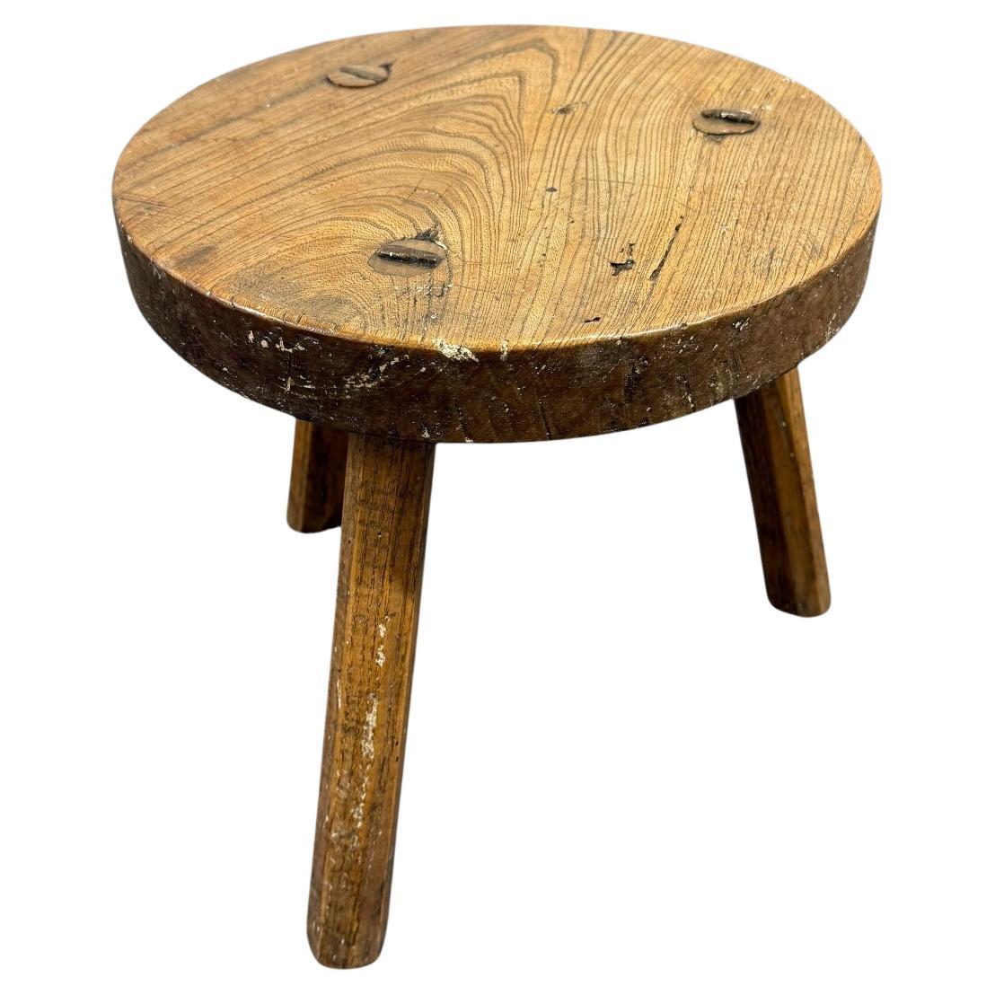 Antique Elm Farmhouse Country Three-Legged Milk Stool