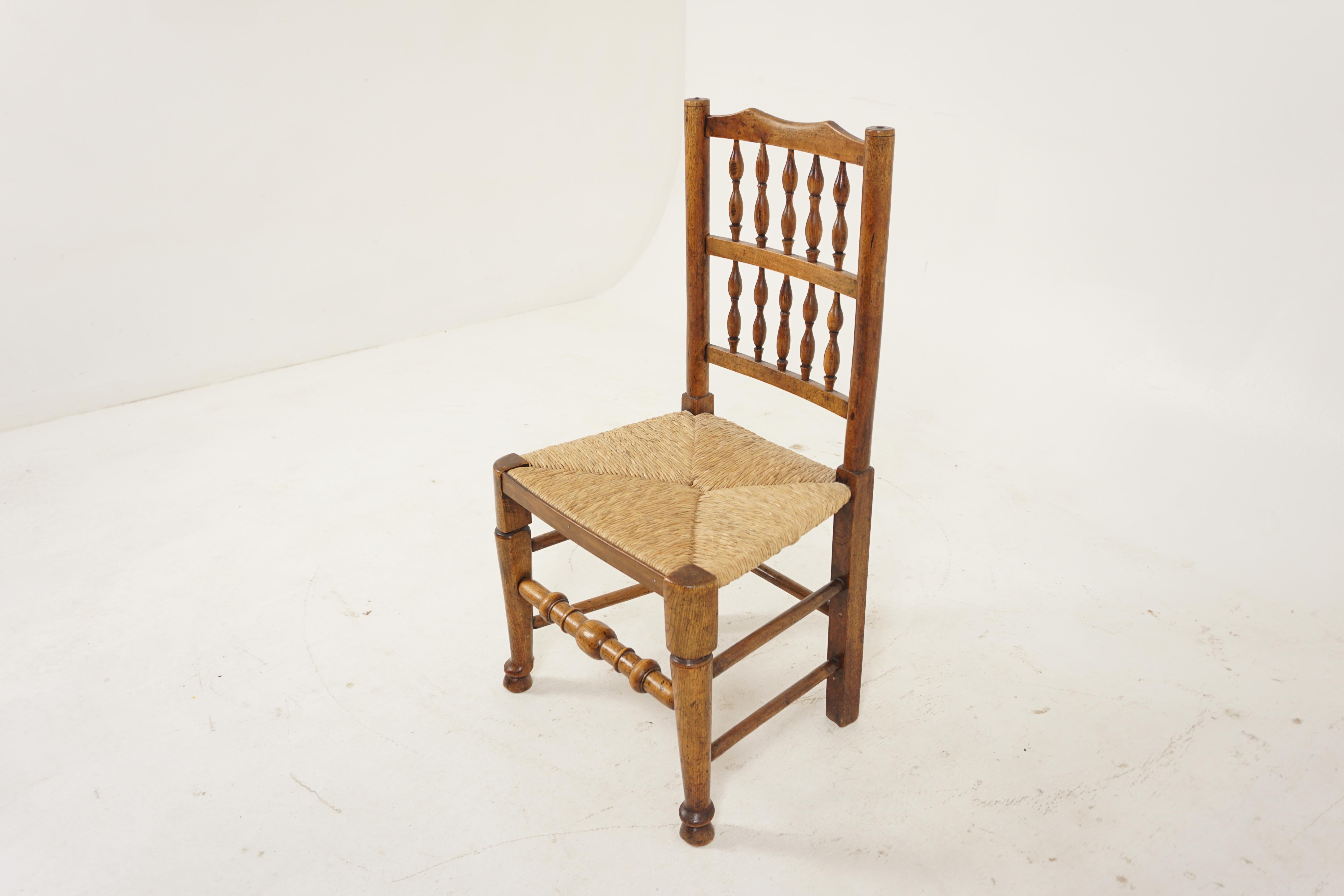 Antique elm and beechwood Lancashire rope seated chair, Scotland 1900, H380

Scotland 1900
Solid Elm
Original finish
Shaped to rail
With decorative turned spindle back
With rope seat
Supported on shaped front legs
The front legs terminate in pad