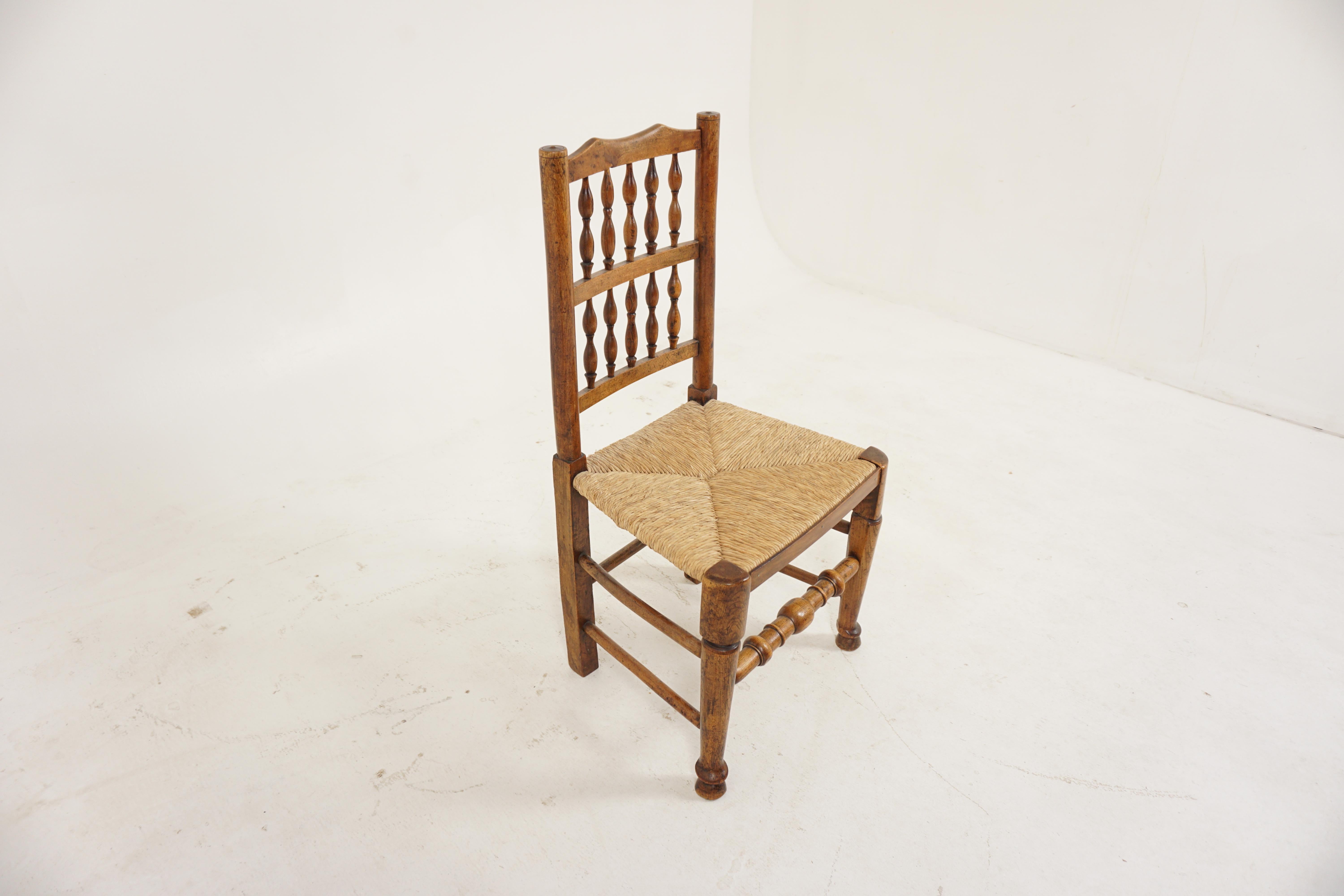 Scottish Antique Elm Lancashire Rush Seated Spindle Back Chair, Scotland 1900, H380