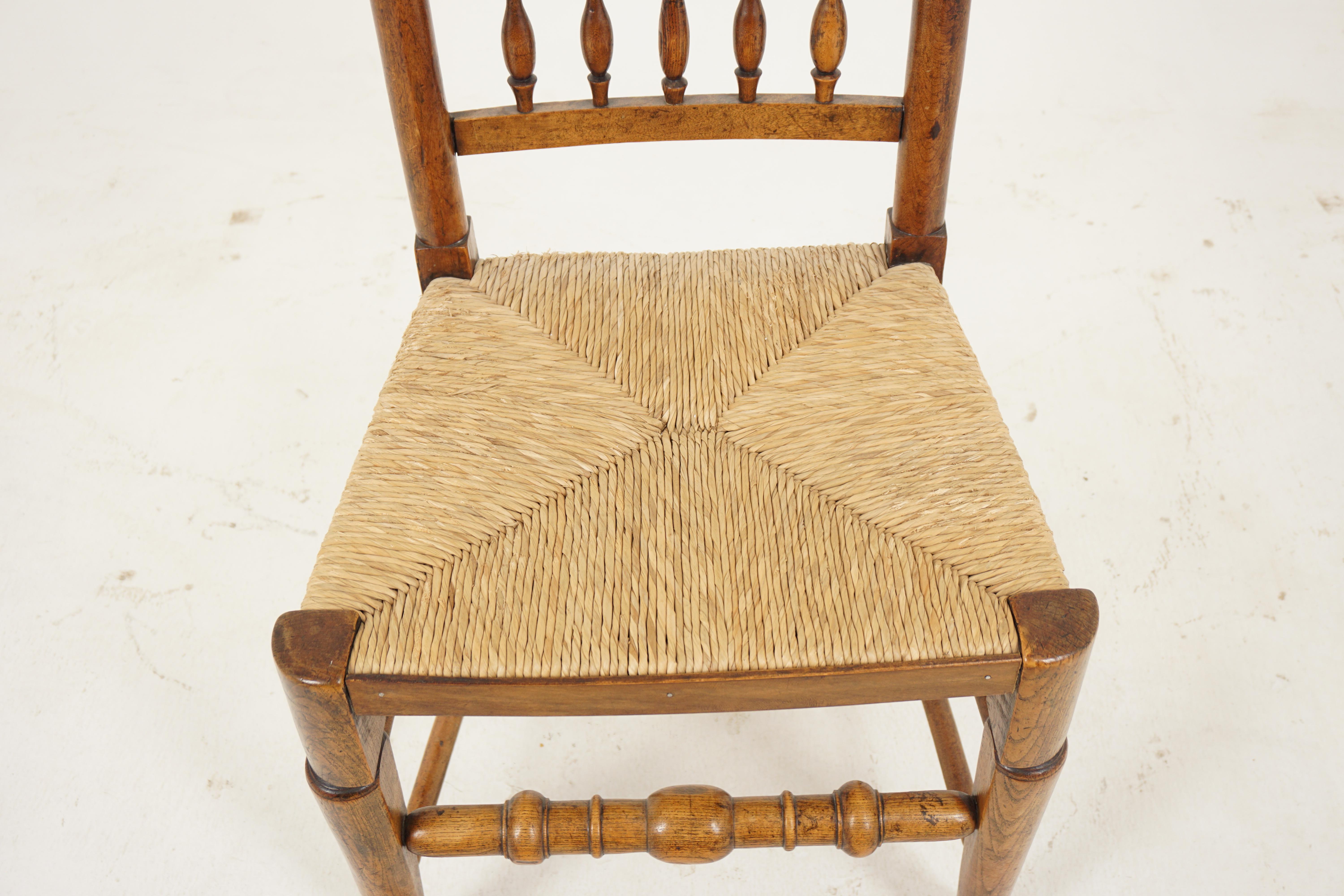 Early 20th Century Antique Elm Lancashire Rush Seated Spindle Back Chair, Scotland 1900, H380