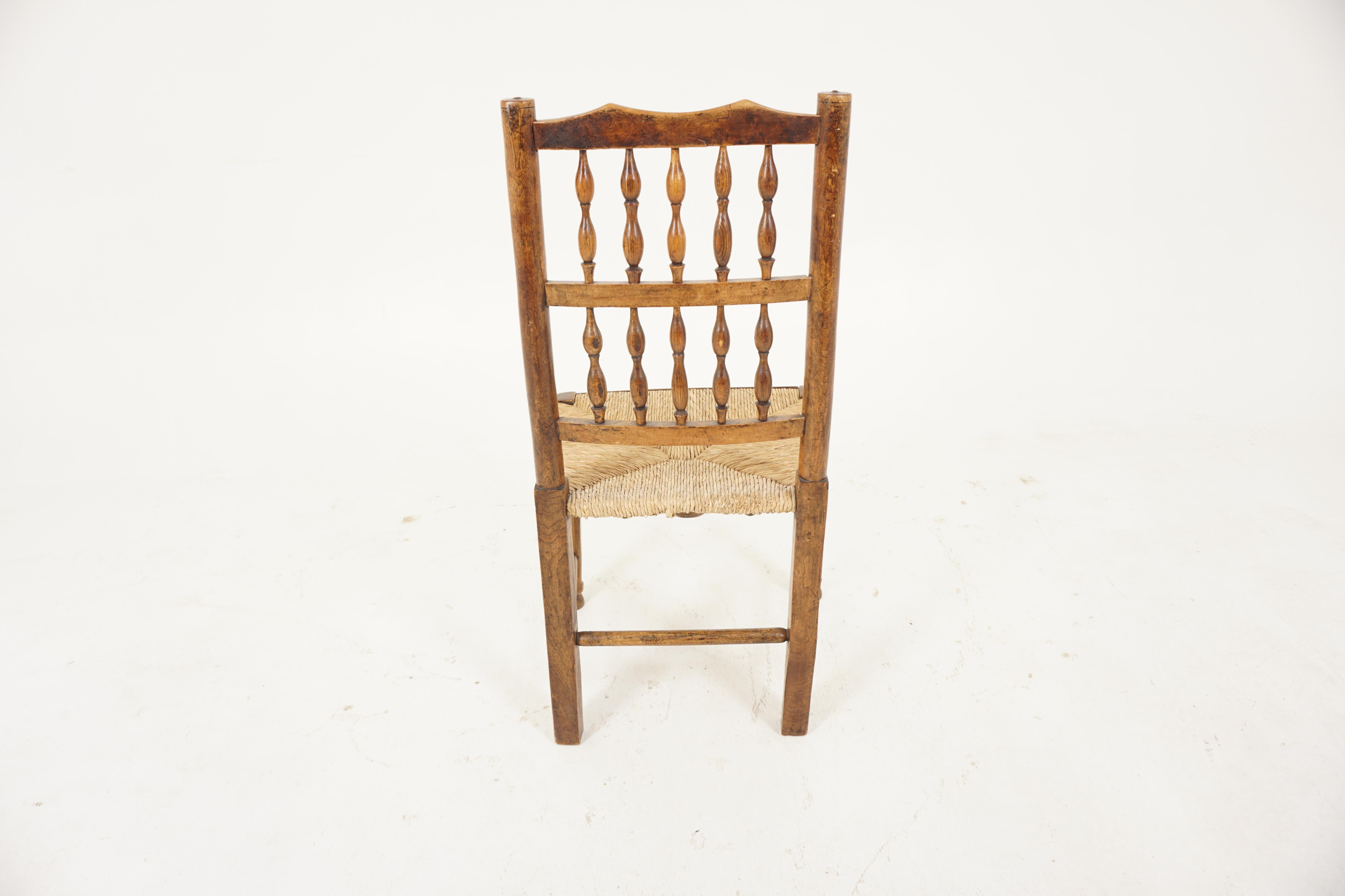 Antique Elm Lancashire Rush Seated Spindle Back Chair, Scotland 1900, H380 2