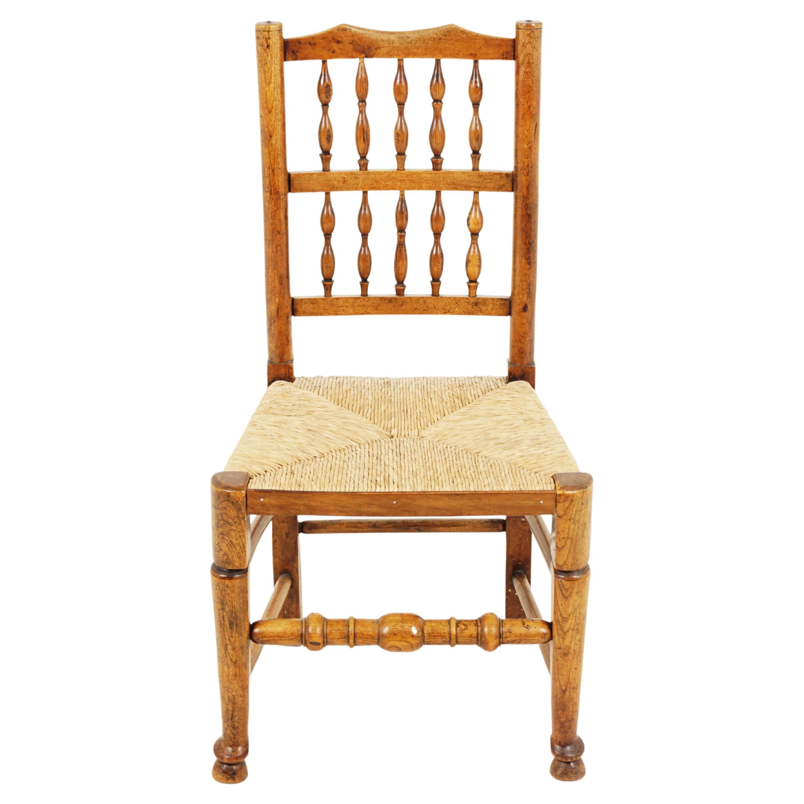 Antique Elm Lancashire Rush Seated Spindle Back Chair, Scotland 1900, H380