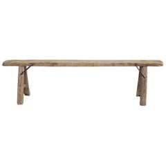 Vintage Elm Long Bench with Iron Brackets