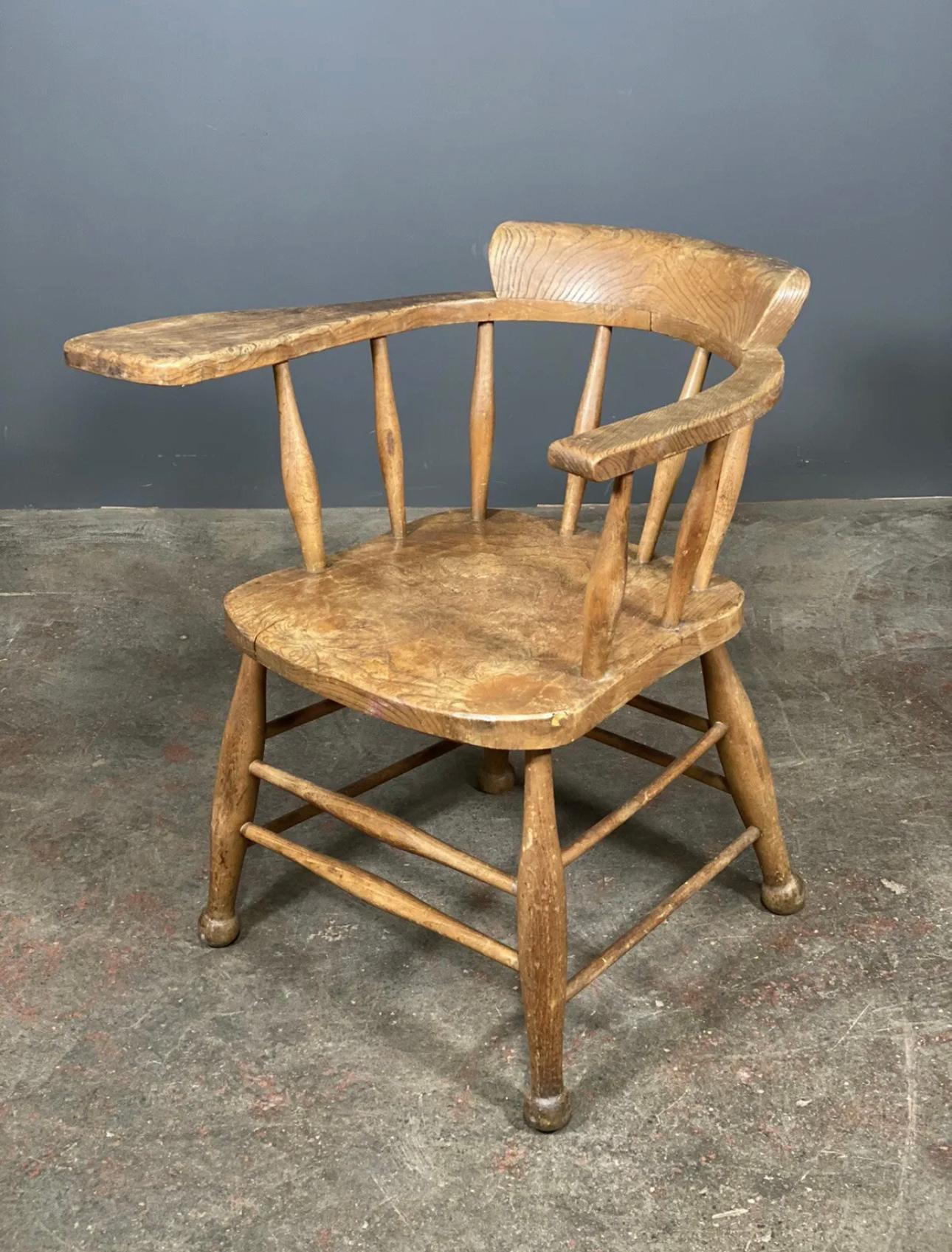 Hand-Crafted Antique Elm Smokers Bow Captains Chair With Oversized Arm For Sale