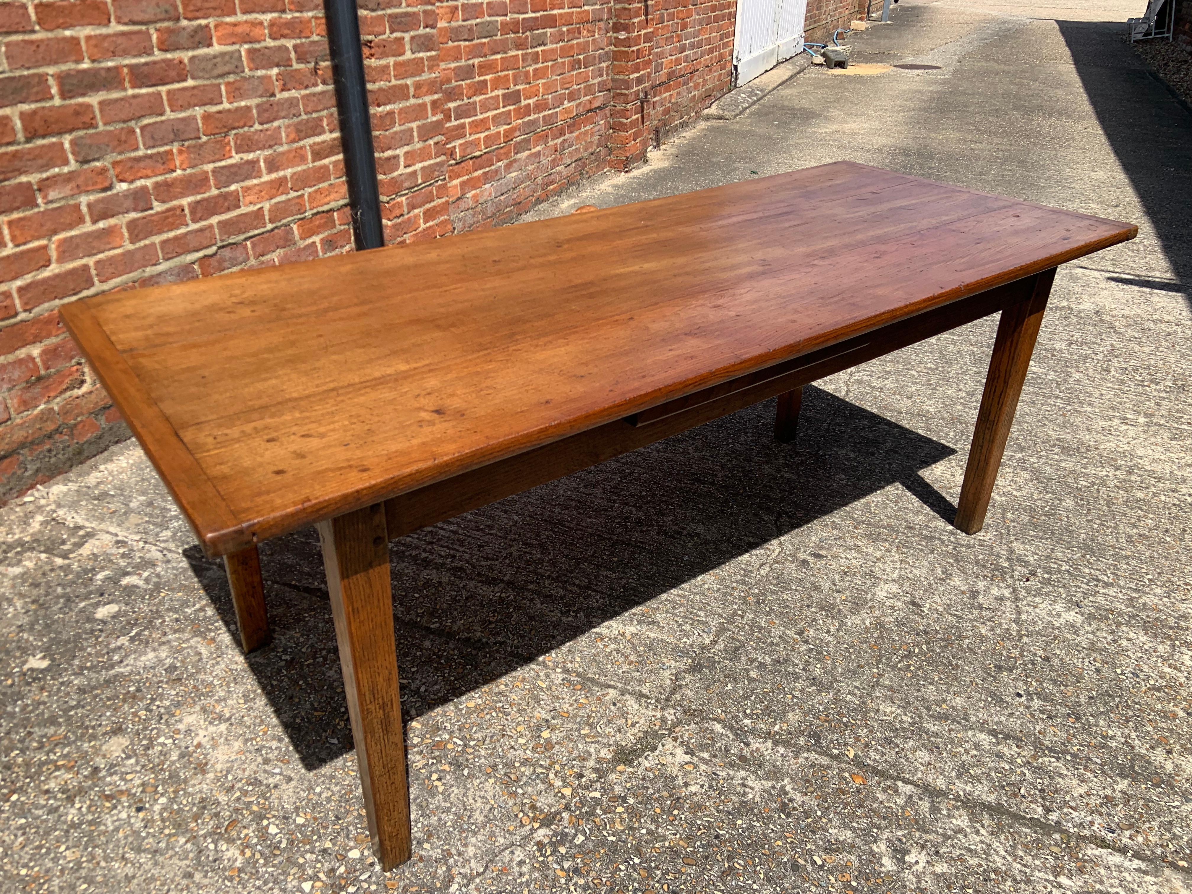 French Antique Elm Tapered Leg Dining Table With Bread Slide