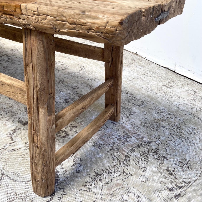 Antique Elm Wood Bench Coffee Table with Original Details at 1stDibs