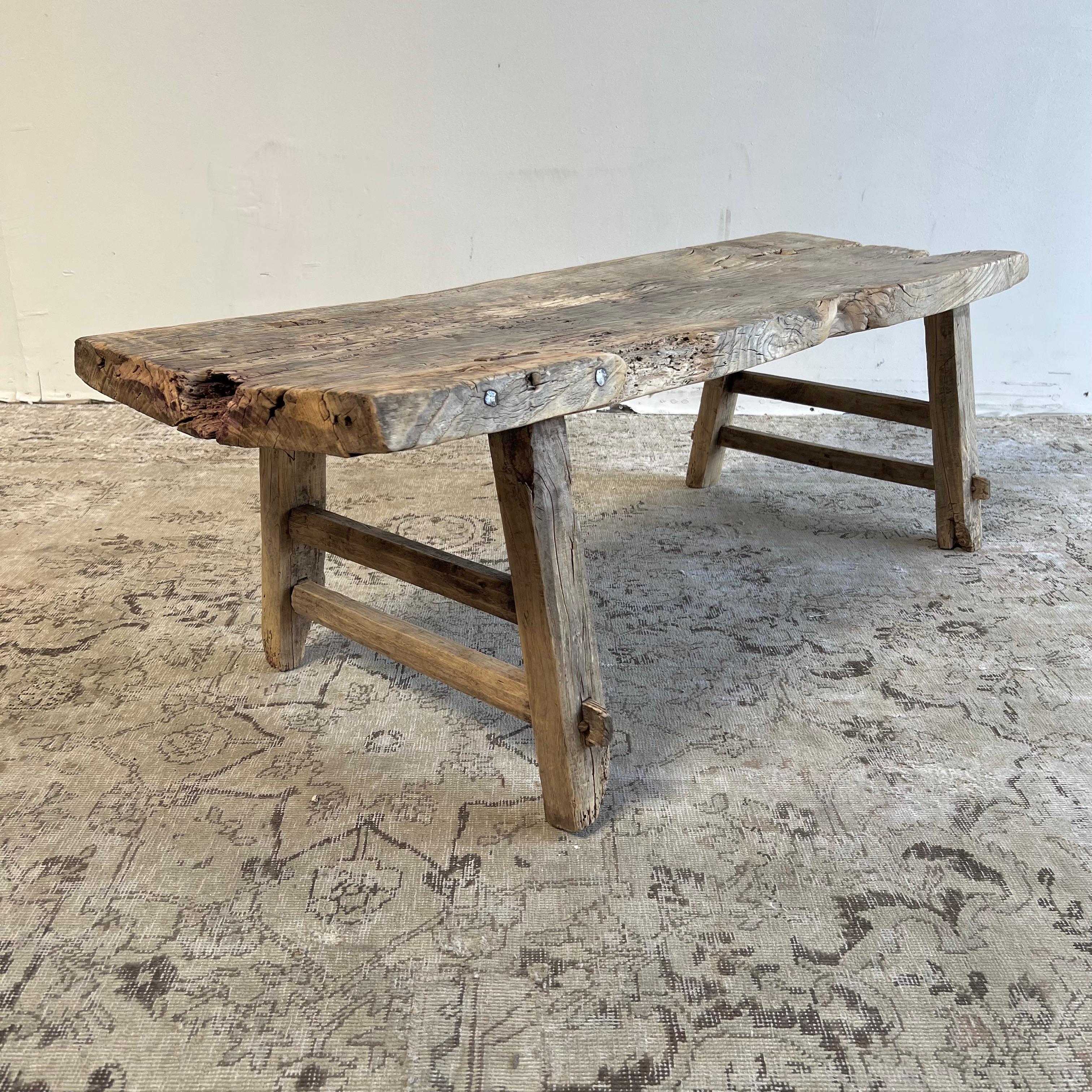 Vintage antique elm wood coffee table with beautiful antique weathered patina top Beautiful antique patina, with weathering and age, these are solid and sturdy ready for daily use, use as a coffee table or entry bench. Each piece is truly unique and