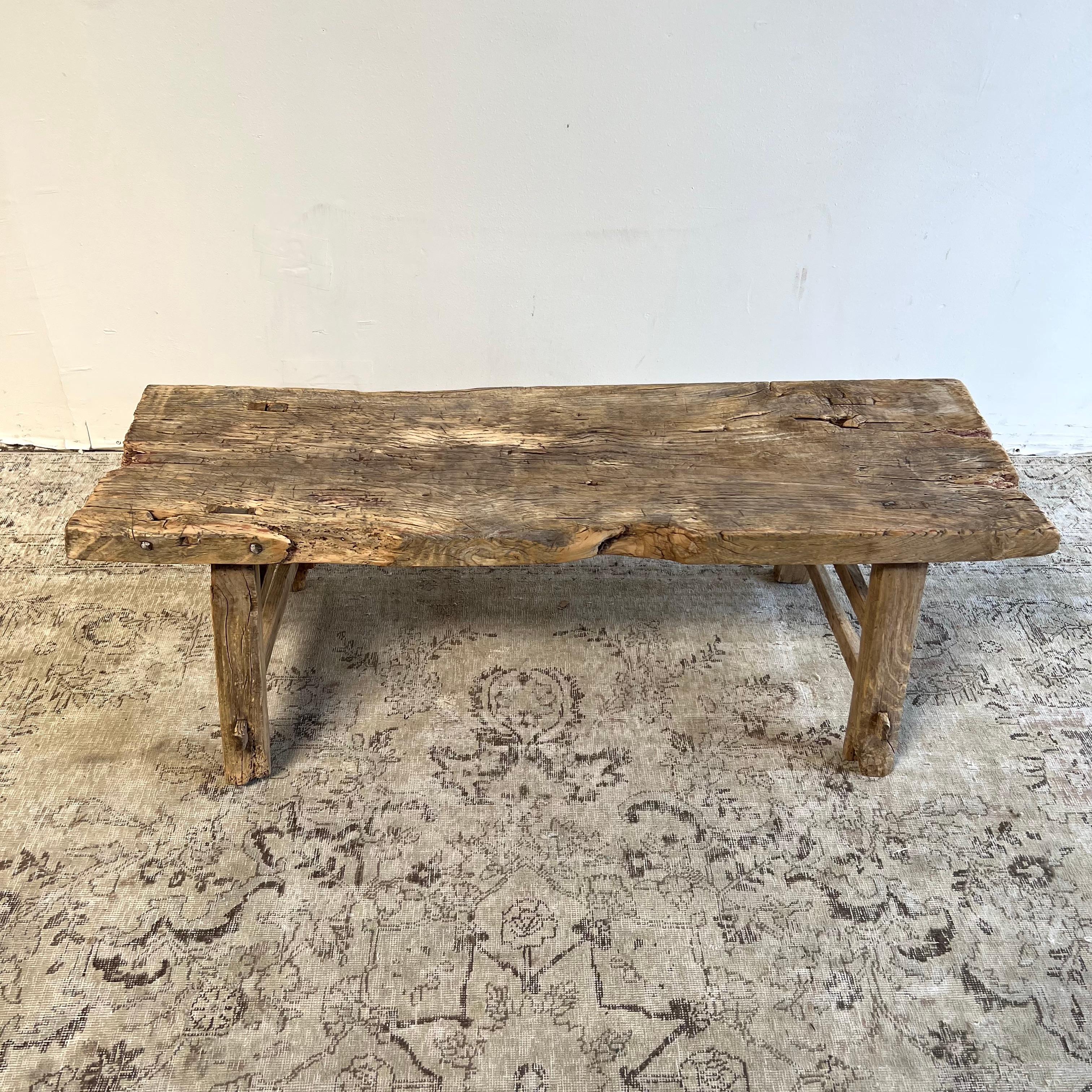 20th Century Antique Elm Wood Bench Coffee Table with Original Details For Sale