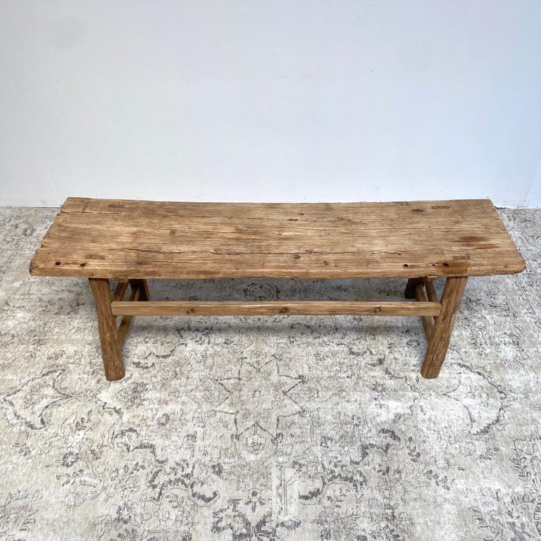 Antique Elm Wood Bench Coffee Table with Original Details at 1stDibs