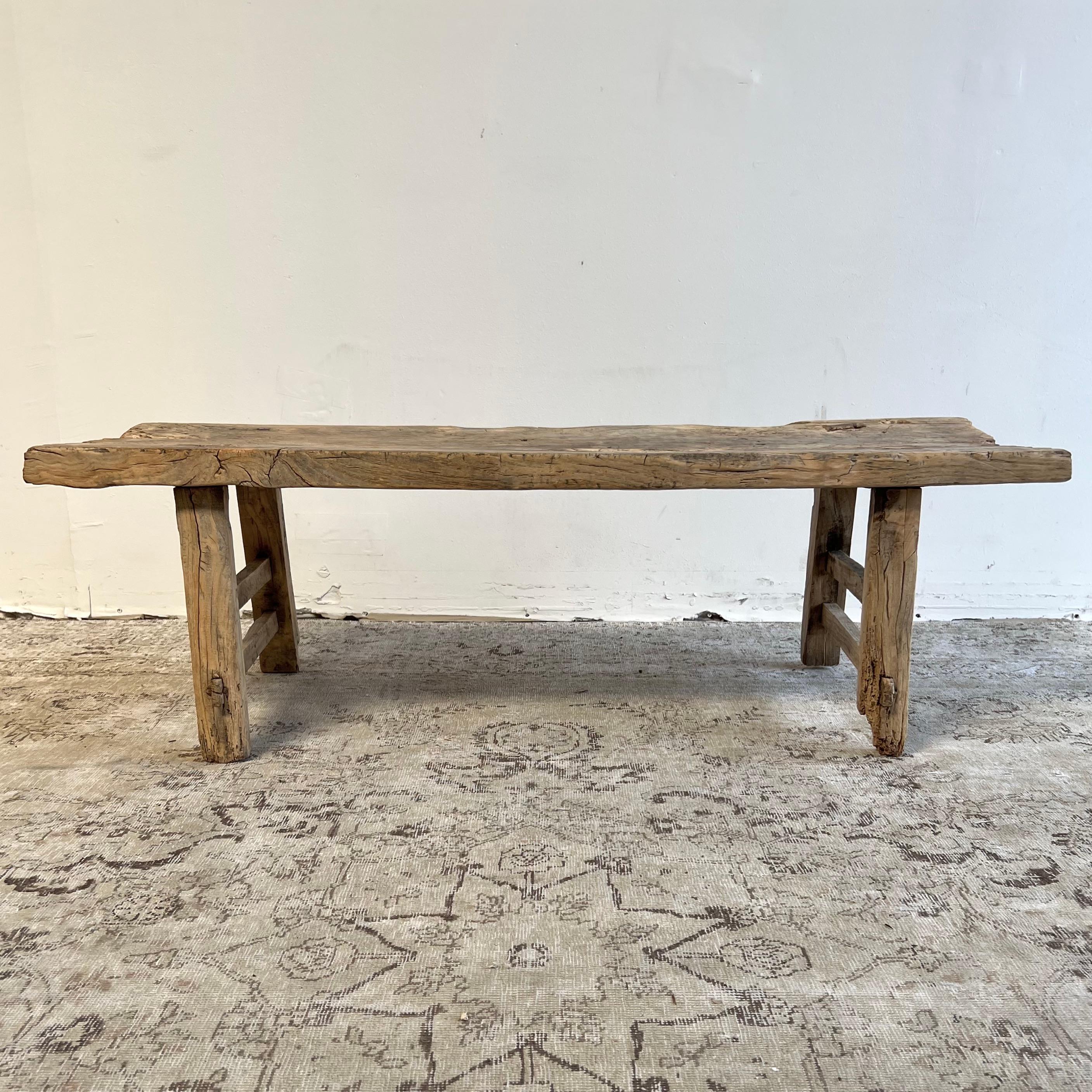 Antique Elm Wood Bench Coffee Table with Original Details For Sale 2