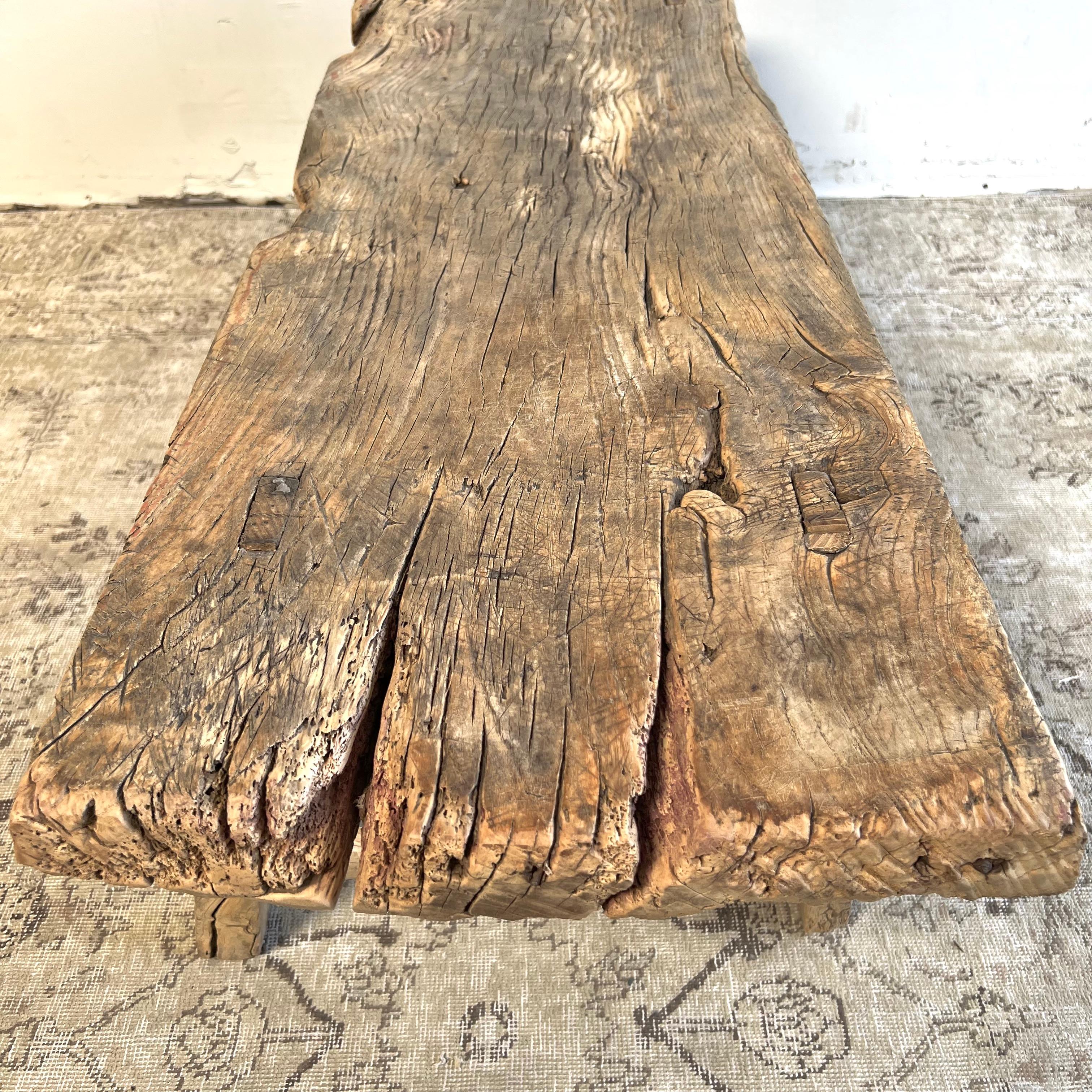 Antique Elm Wood Bench Coffee Table with Original Details For Sale 4