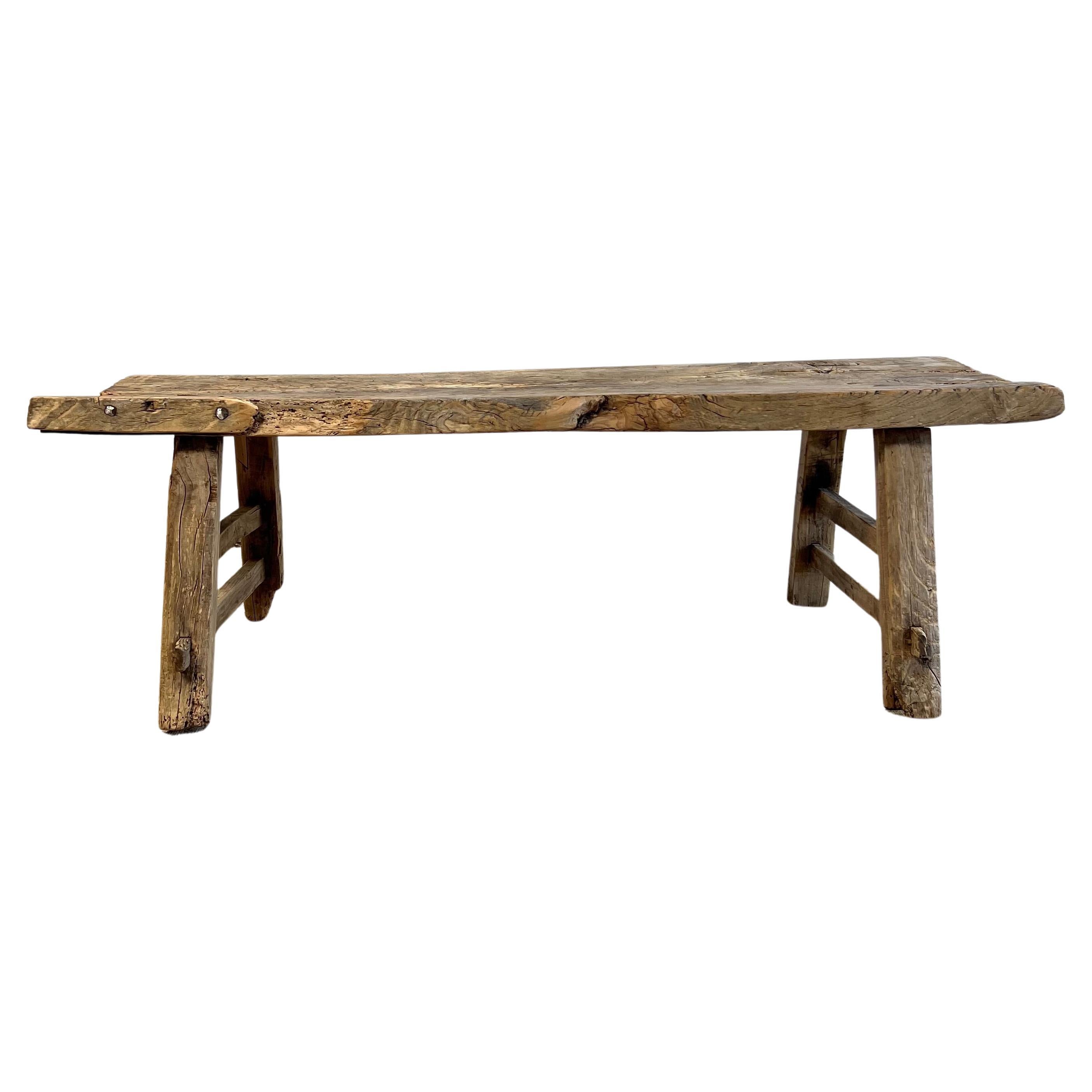 Antique Elm Wood Bench Coffee Table with Original Details For Sale