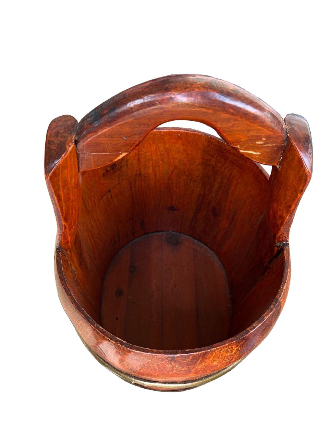 Chinese Antique Elm Wood Bucket with Intricate painted Design For Sale