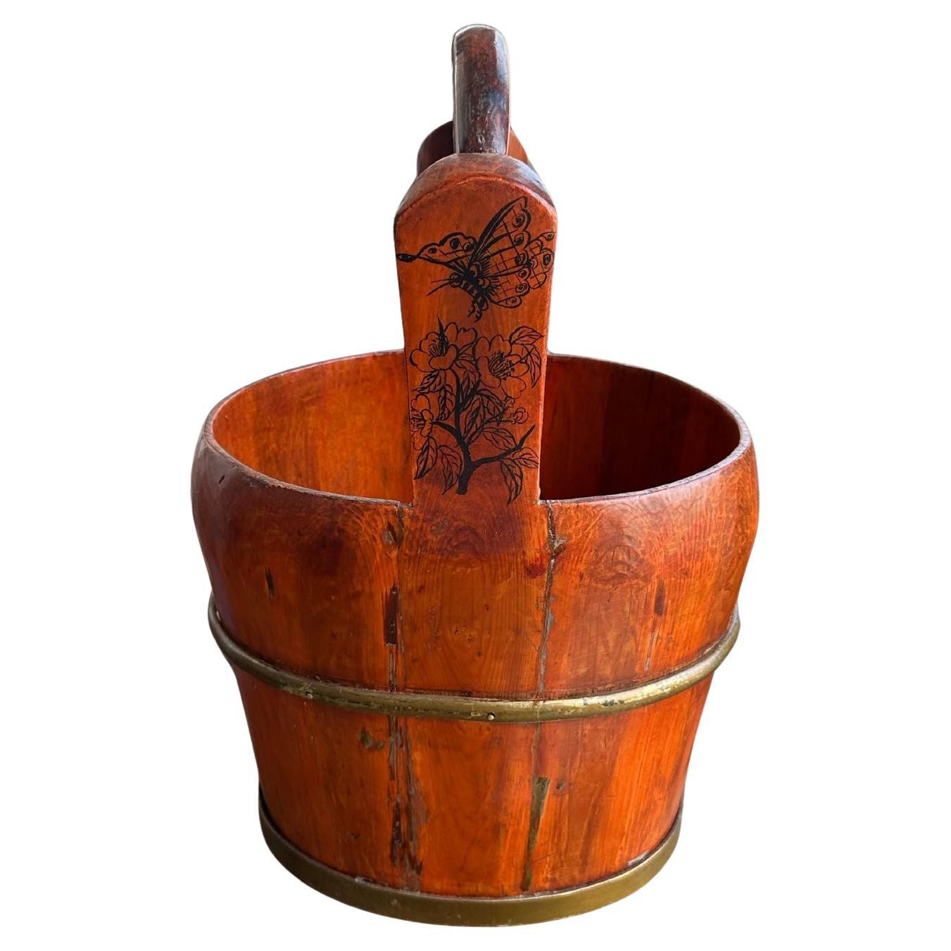 Antique Elm Wood Bucket with Intricate painted Design