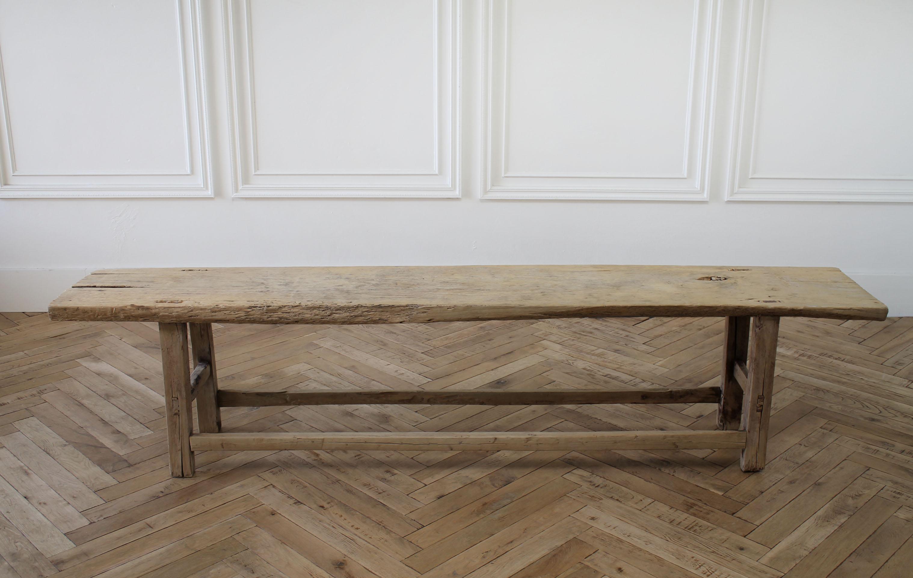 Antique elm wood coffee table bench
Beautiful light wood tone with lots of patina. The surface of the table is flat, this is solid and sturdy, ready for everyday use. Can be used as a bench, or as a coffee table.
Measures: 87