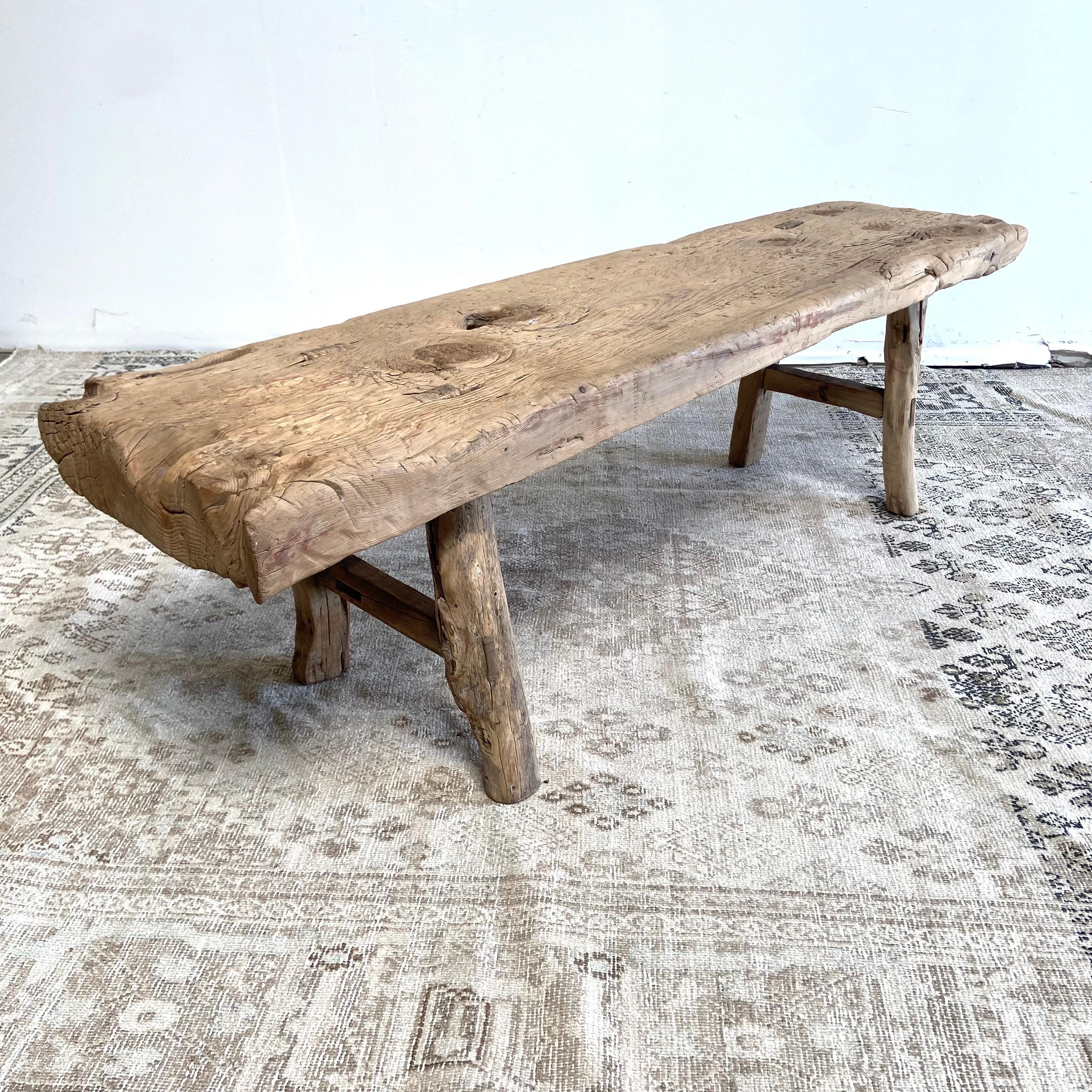 Antique Elm Wood Coffee Table or Bench with Thick Plank Top 4