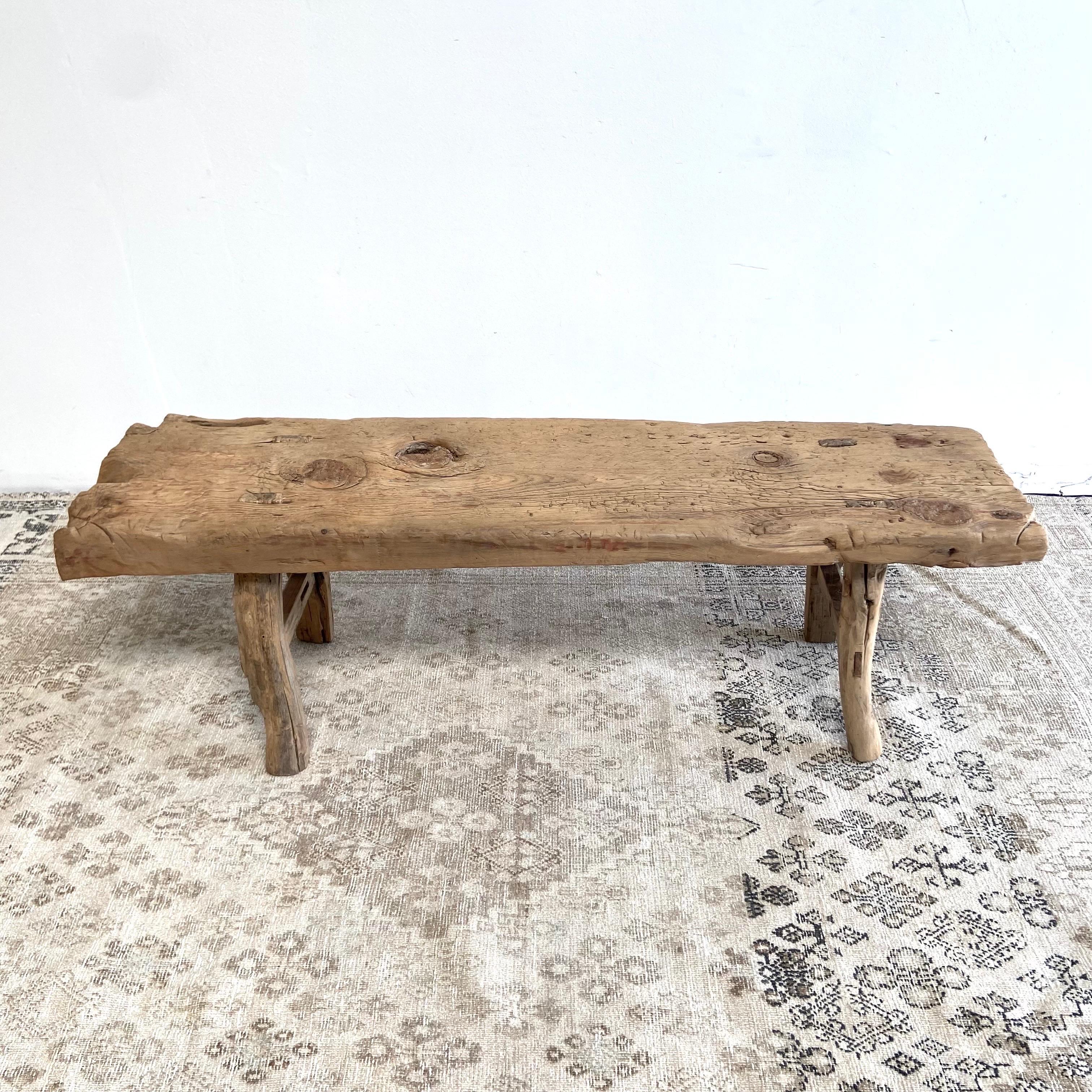 Antique Elm Wood Coffee Table or Bench with Thick Plank Top 2