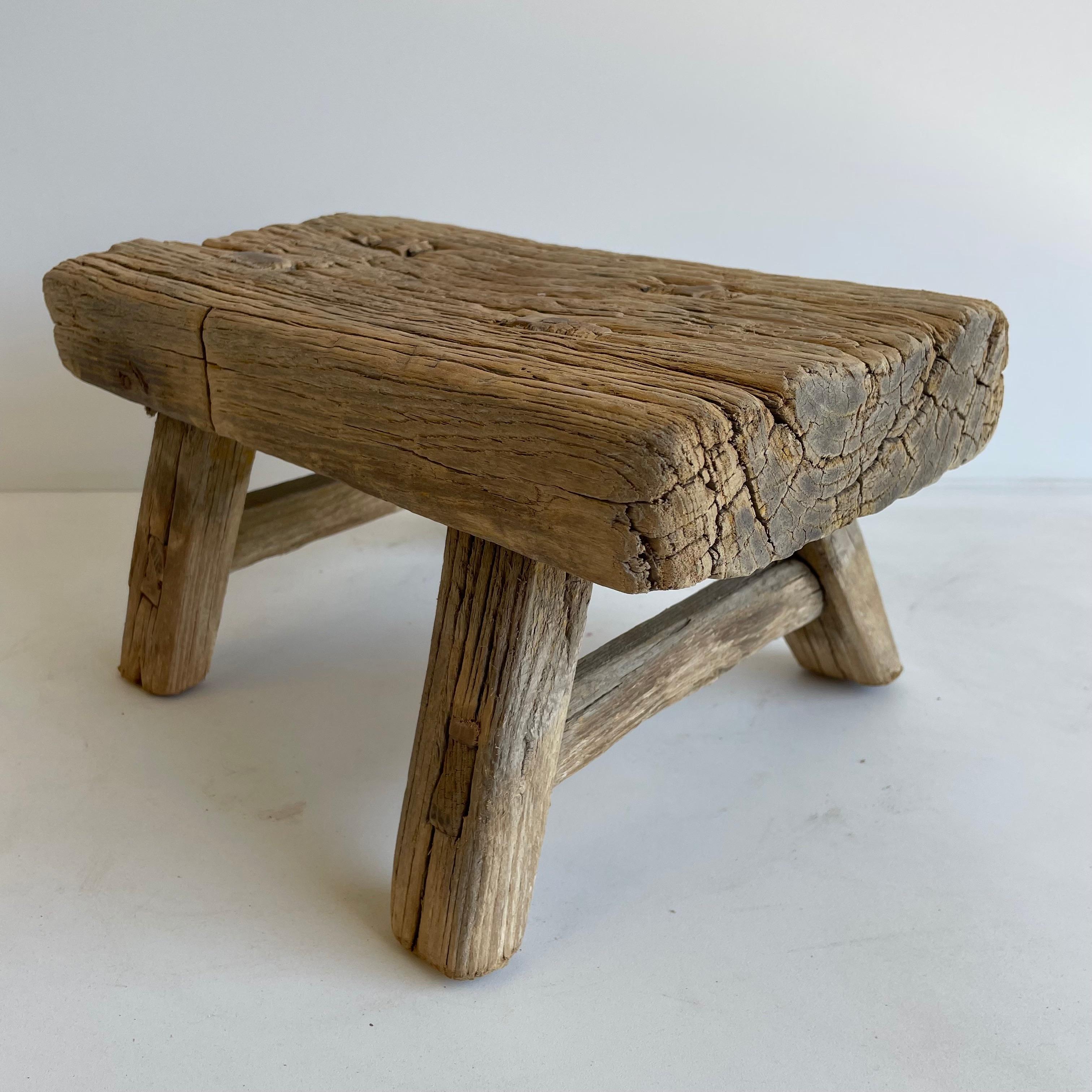 Asian Antique Elm Wood Mini Stool with Thick Top