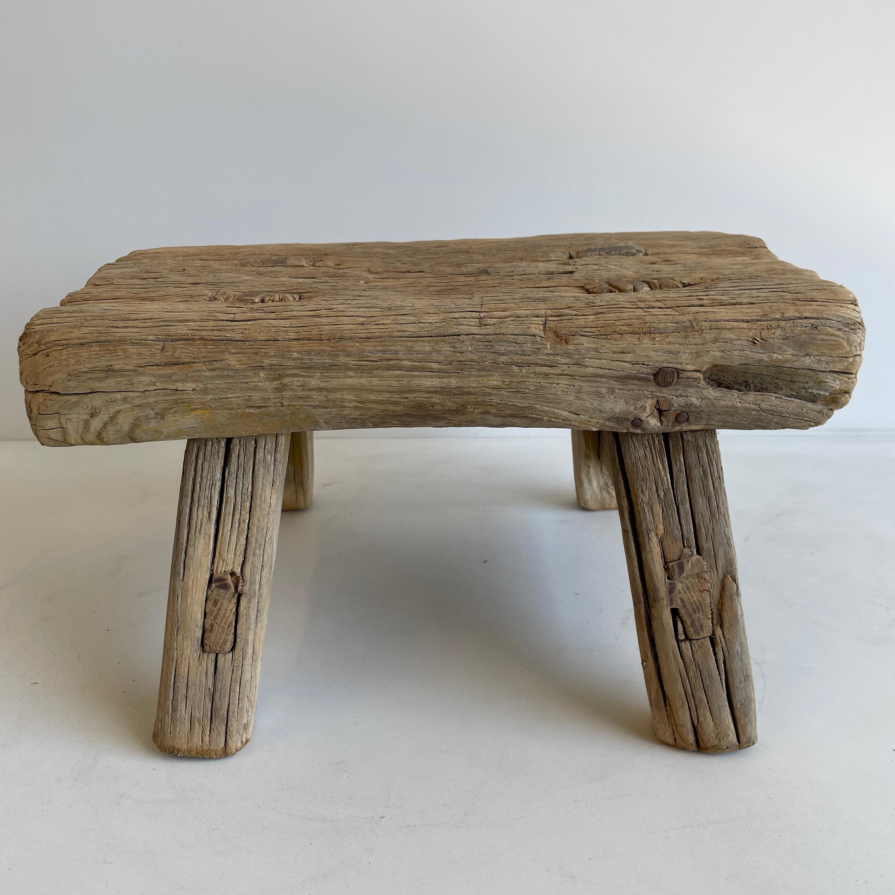 Antique Elm Wood Mini Stool with Thick Top In Good Condition In Brea, CA