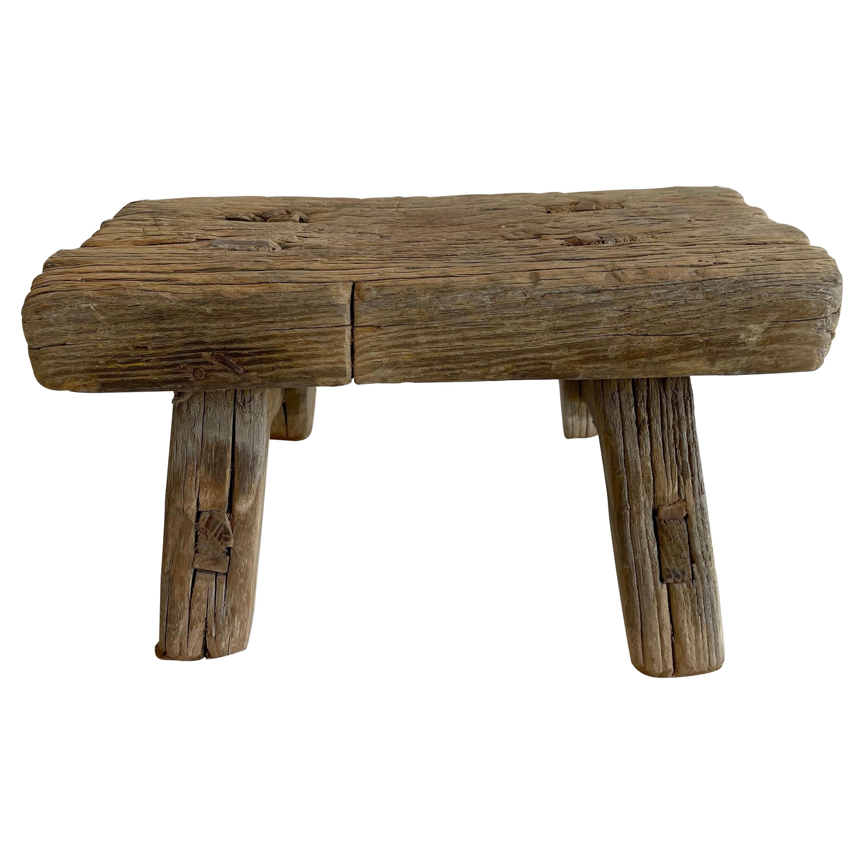 Antique Elm Wood Mini Stool with Thick Top