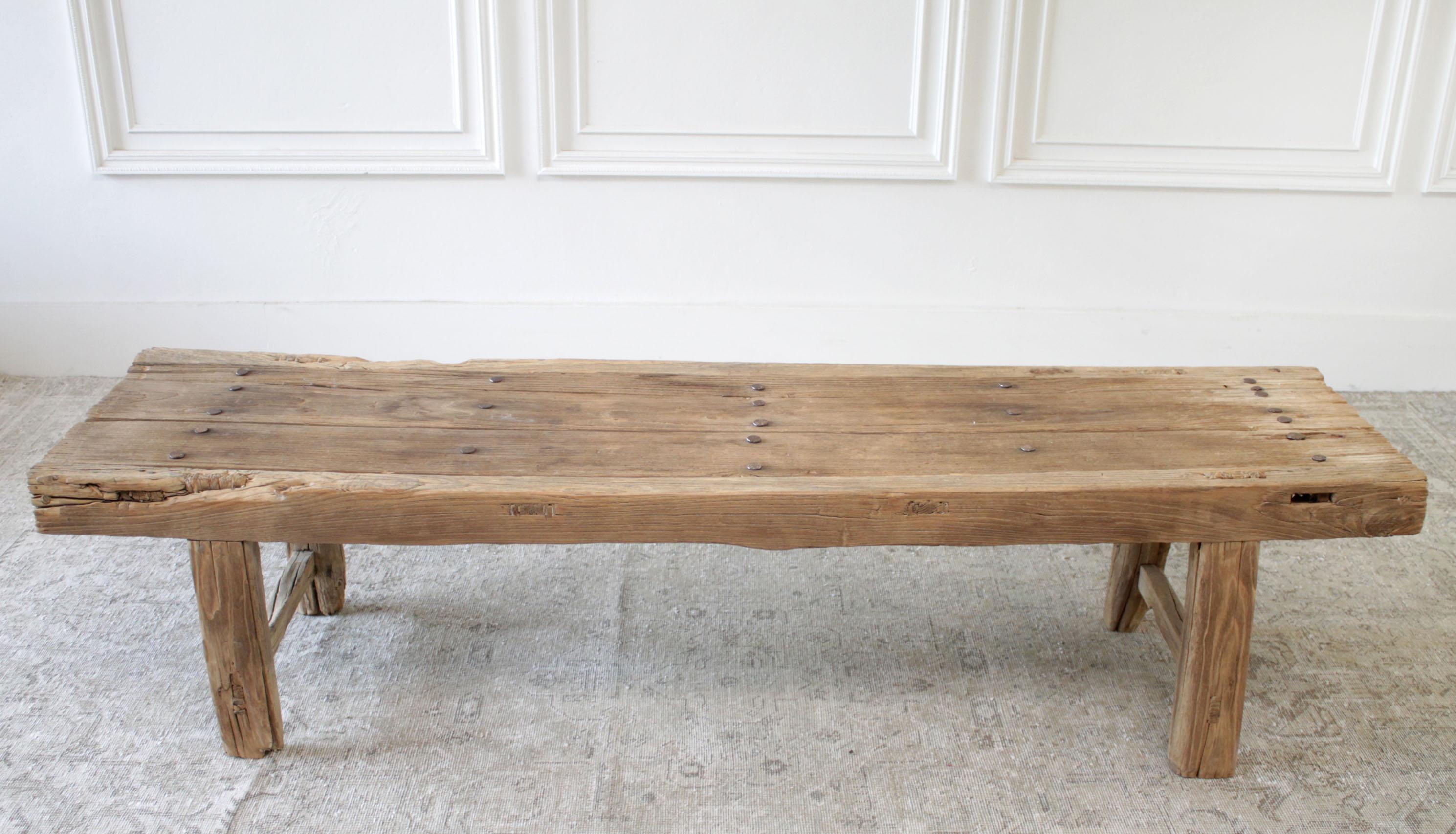 Antique elmwood rustic coffee table or bench
Over 100 years old, this rustic table is perfect for a coffee table, entry bench, or low console. Legs are solid and sturdy, ready for everyday use.
Size:
73.5