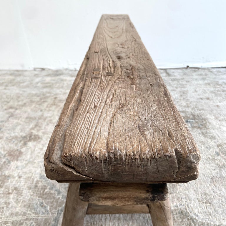 Antique Elm Wood Skinny Bench with Apron For Sale at 1stDibs