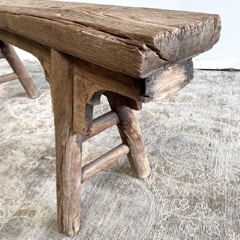 Antique Elm Wood Skinny Bench with Apron For Sale at 1stDibs