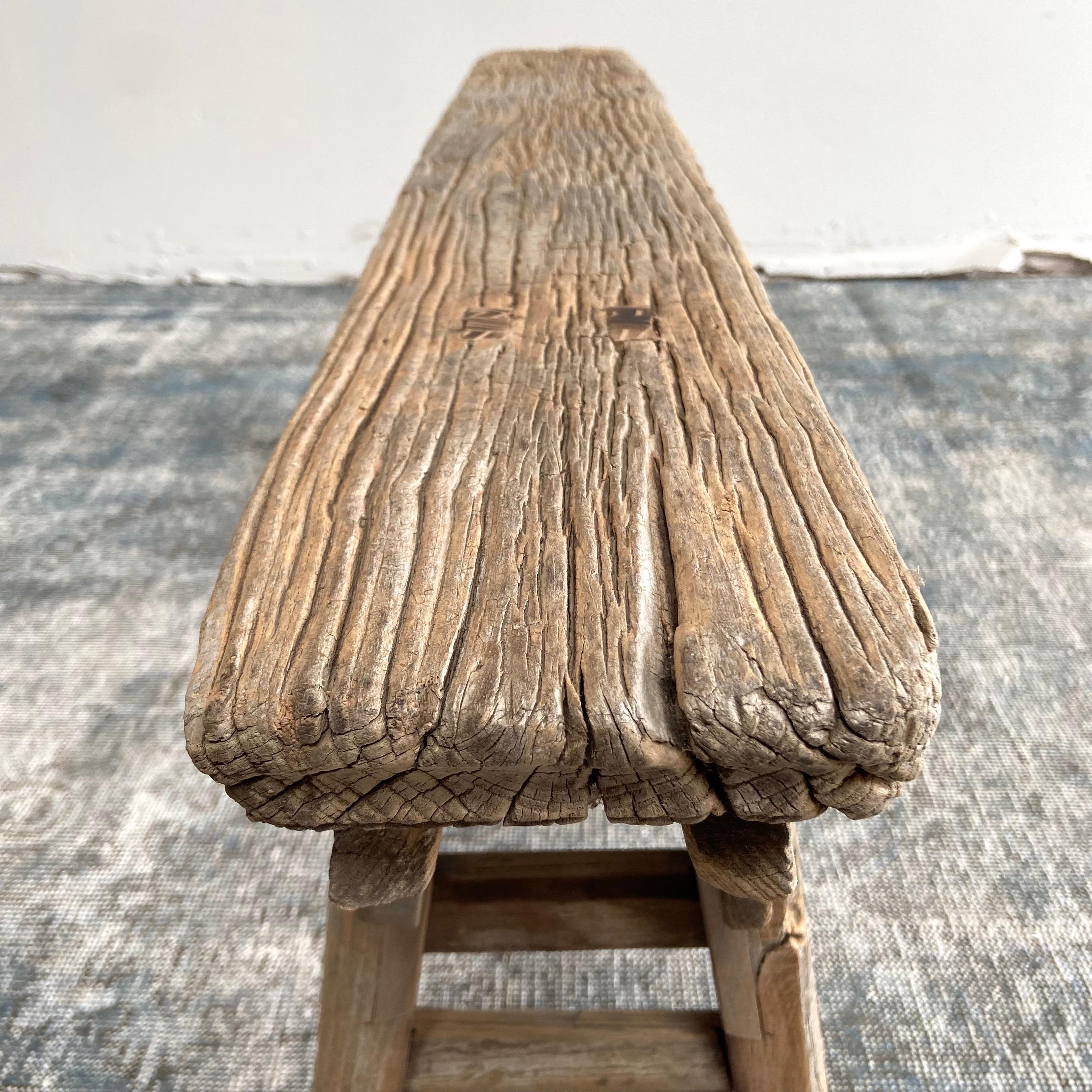 Antique Elm Wood Skinny Bench with Apron 6