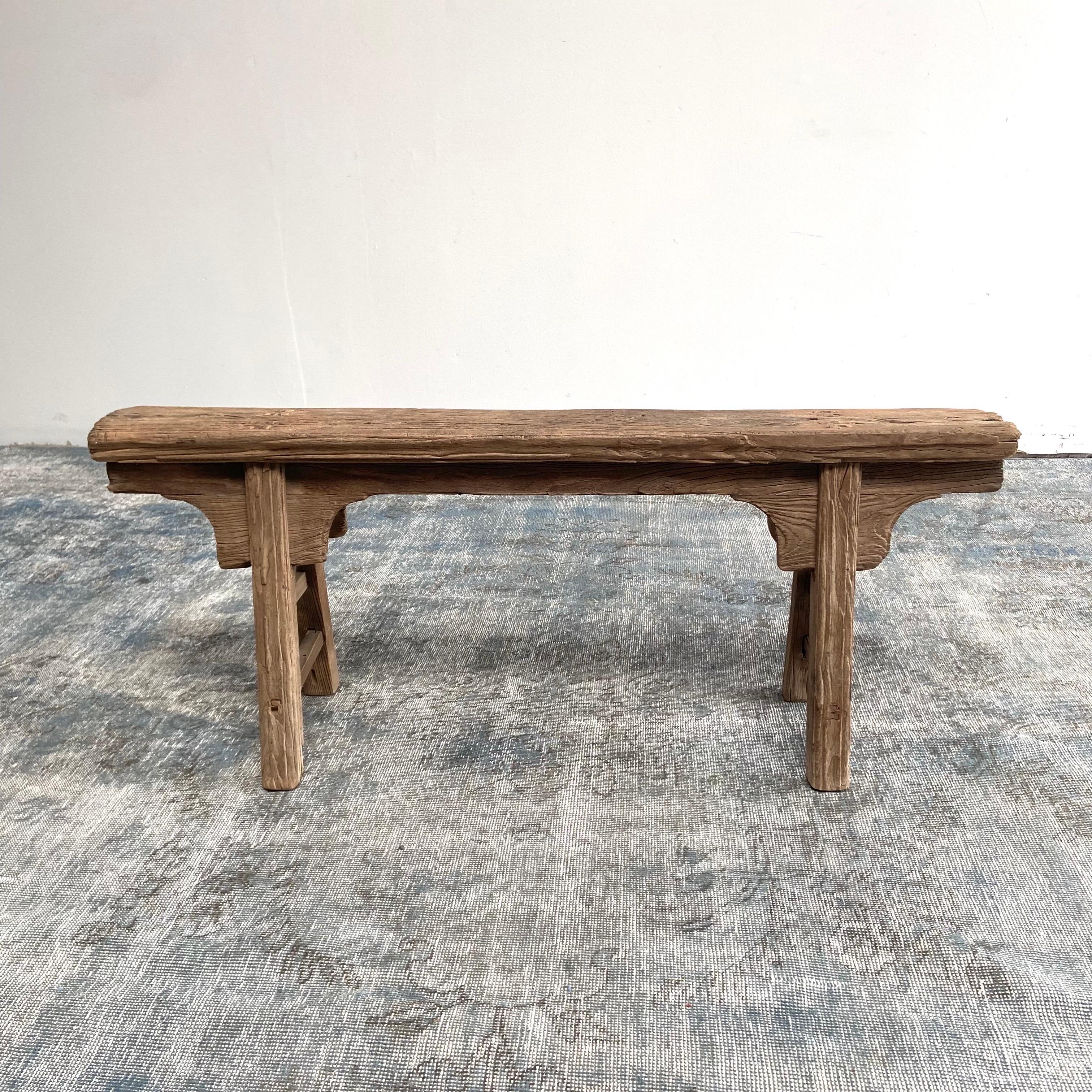 Antique Elm Wood Skinny Bench with Apron 4