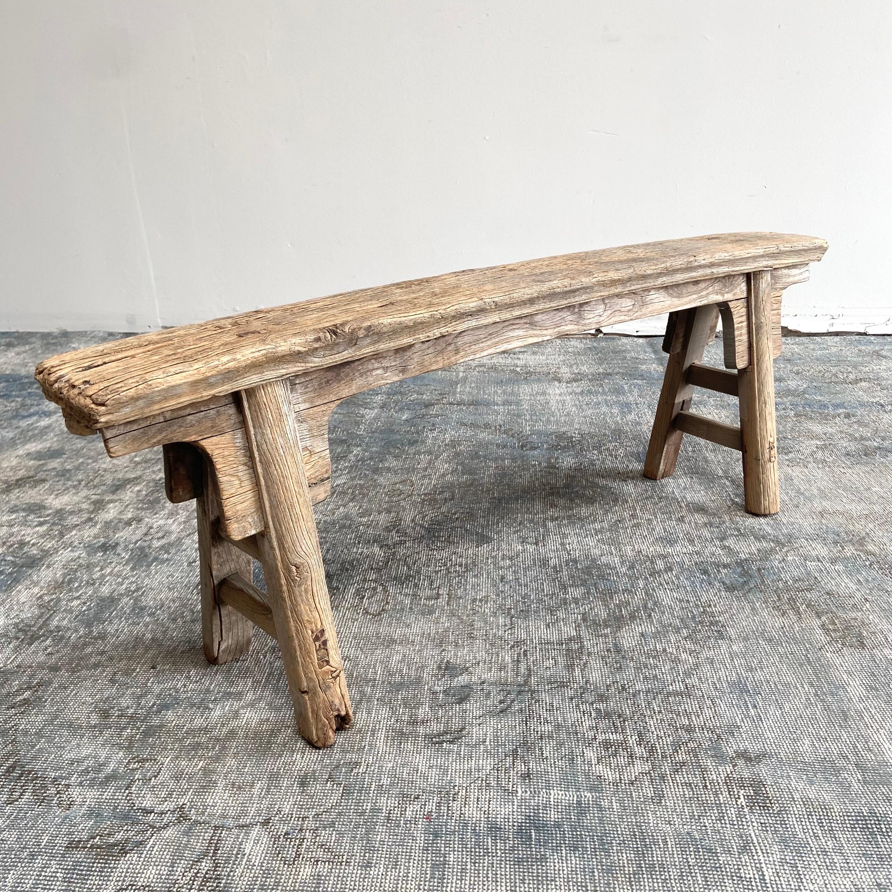 Antique Elm Wood Skinny Bench with Apron For Sale 7