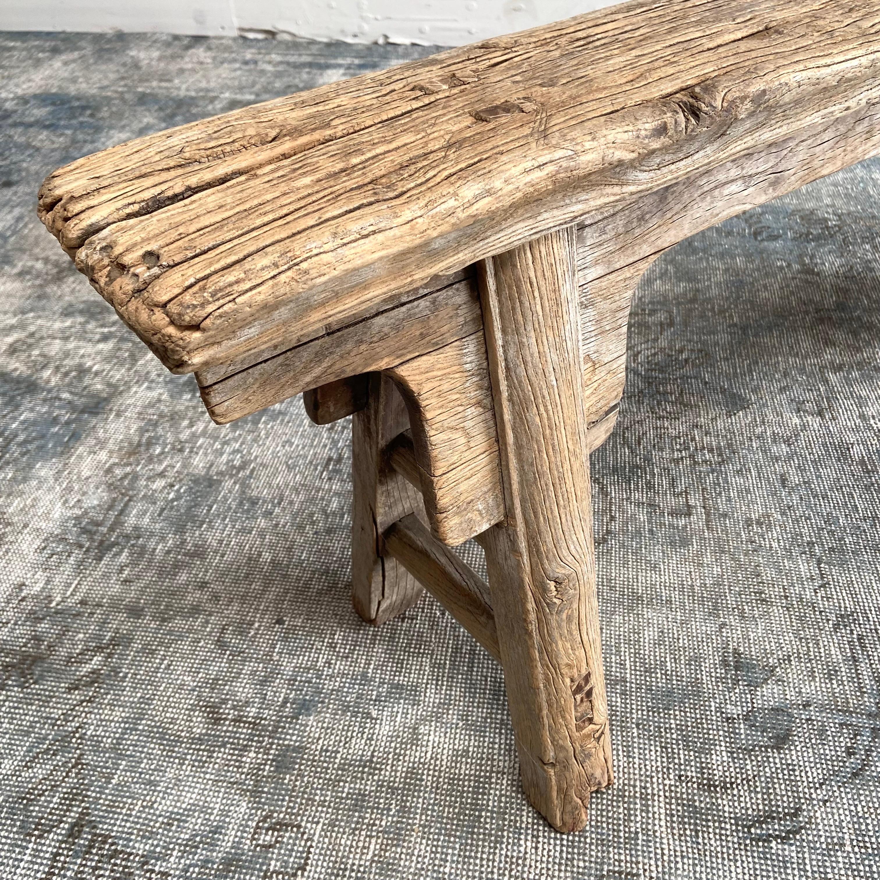 20th Century Antique Elm Wood Skinny Bench with Apron For Sale