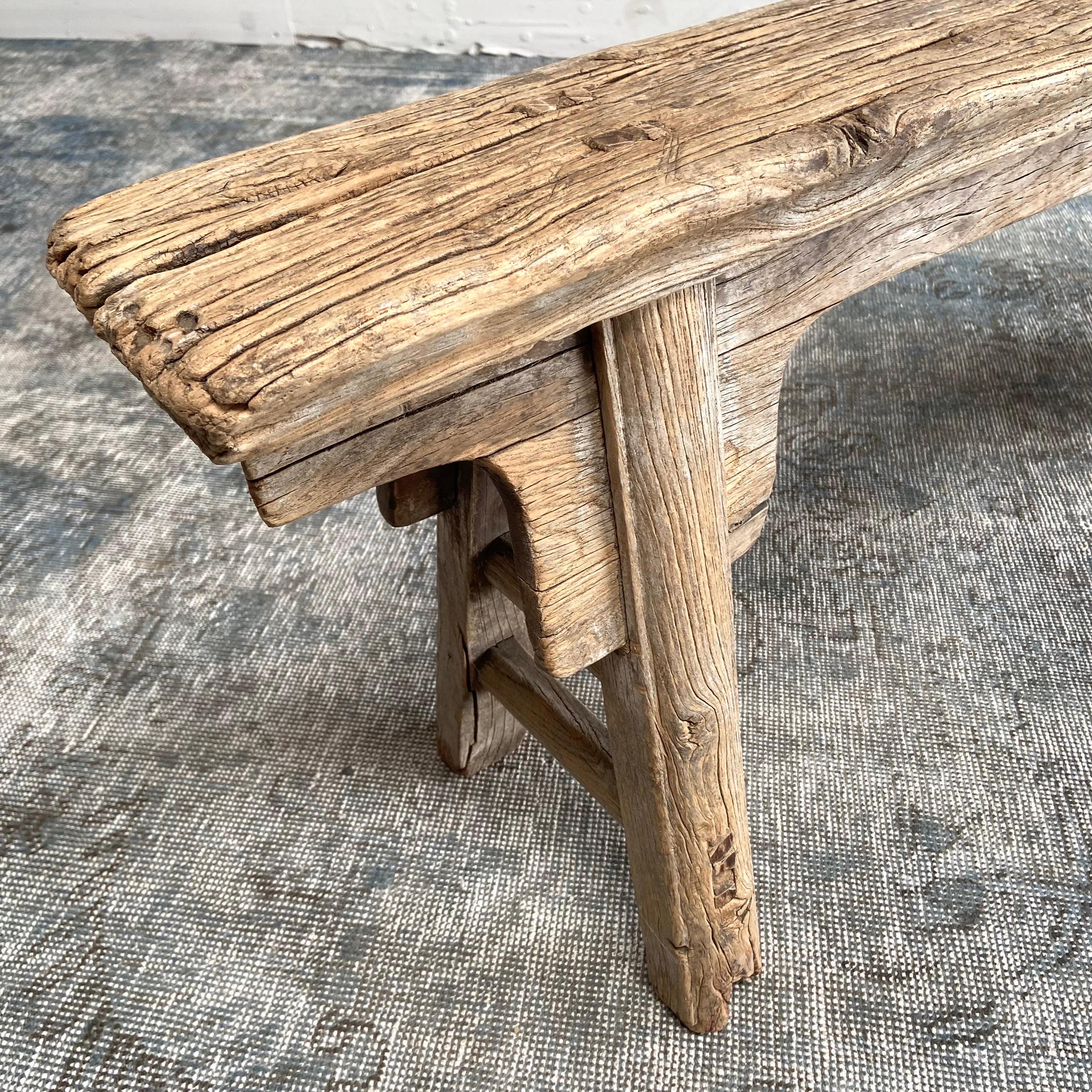 20th Century Antique Elm Wood Skinny Bench with Apron