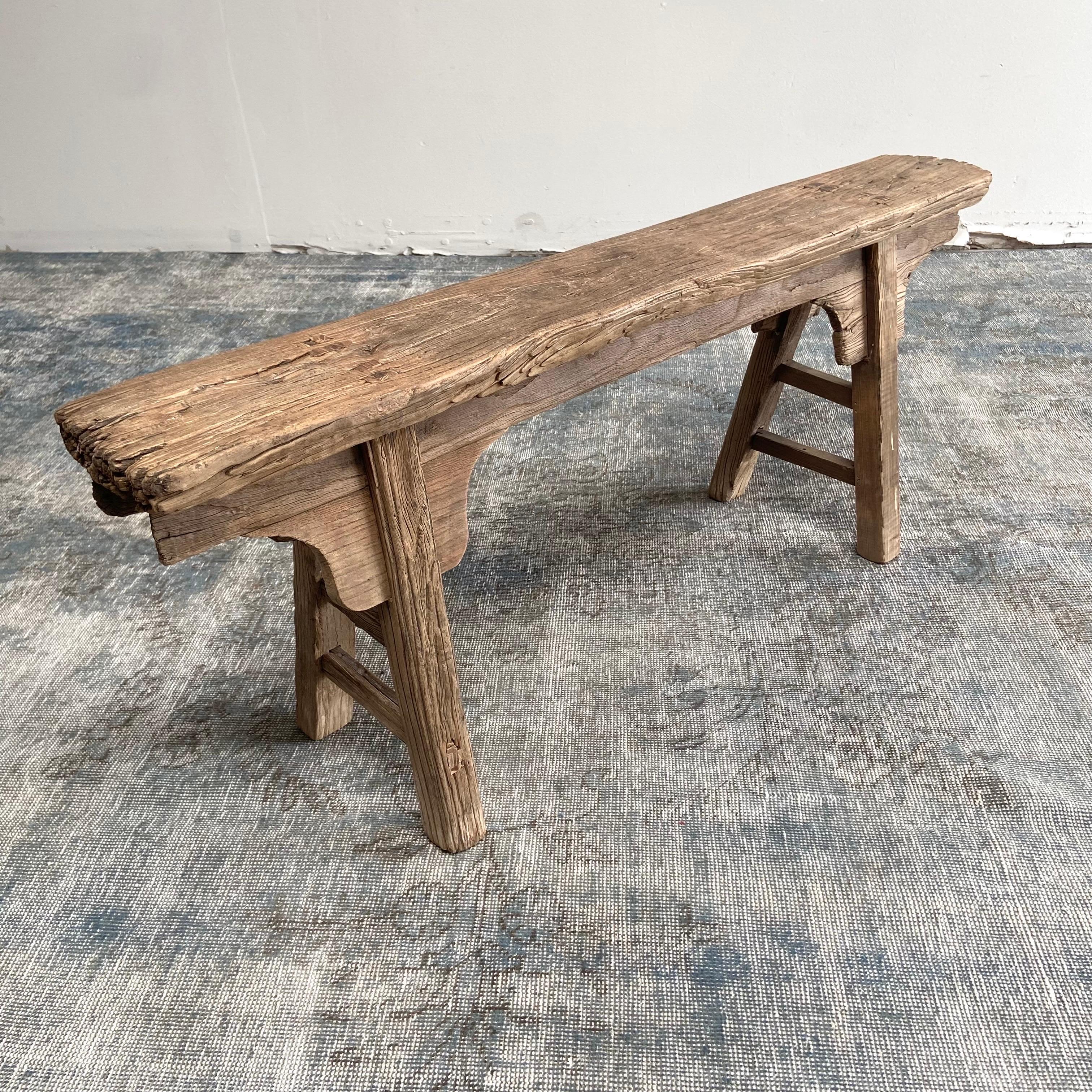 Antique Elm Wood Skinny Bench with Apron In Good Condition In Old Town Orange, CA