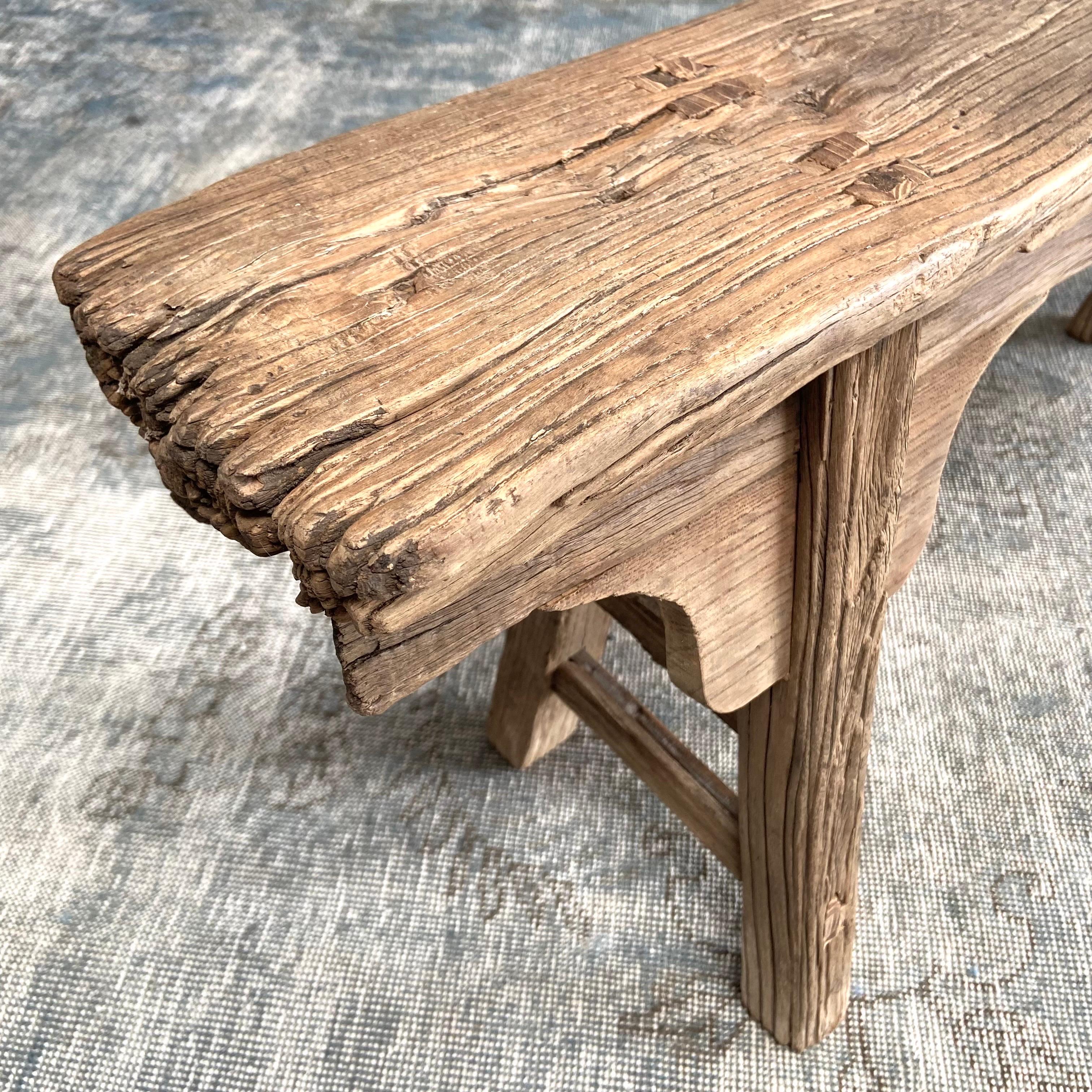 20th Century Antique Elm Wood Skinny Bench with Apron
