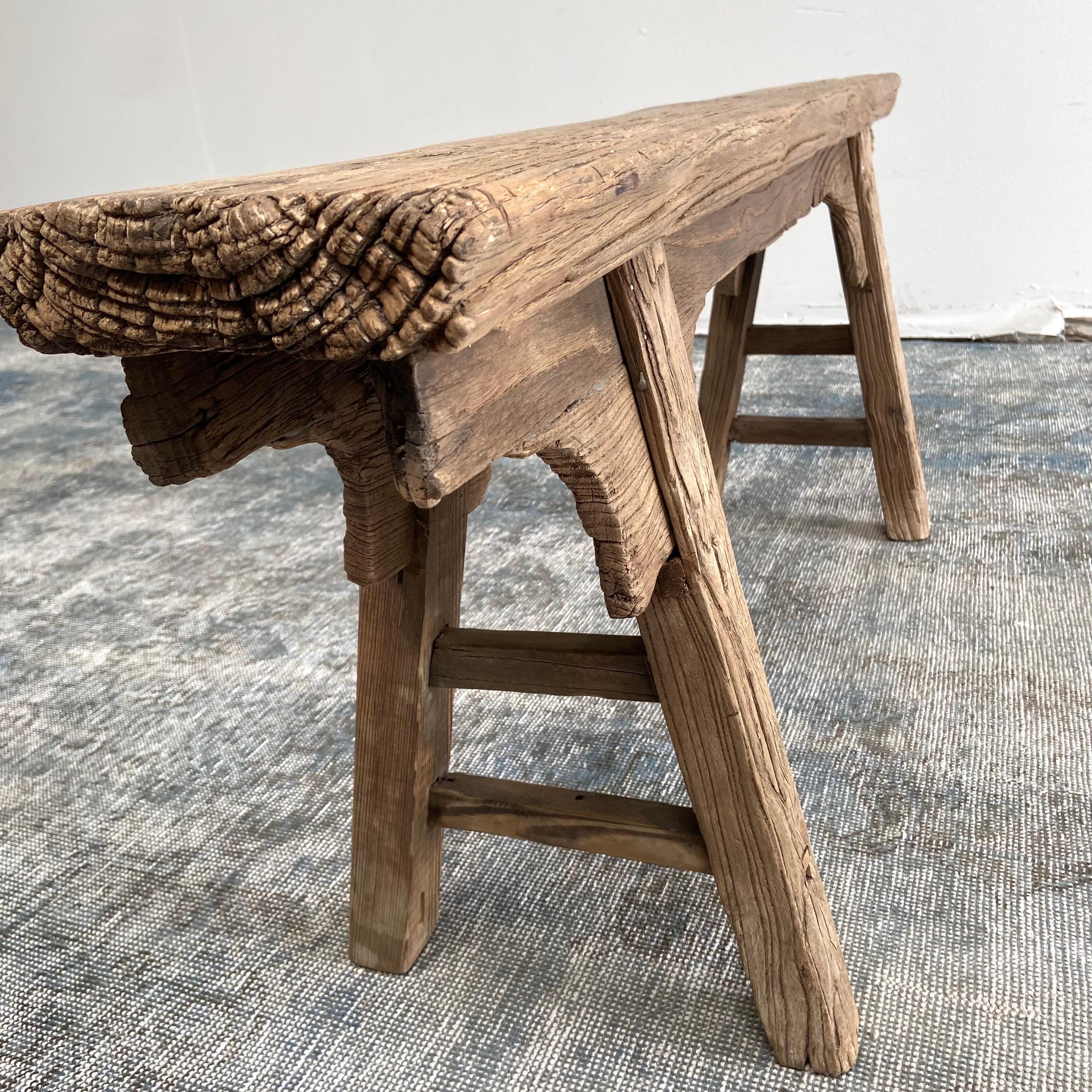 Antique Elm Wood Skinny Bench with Apron 1