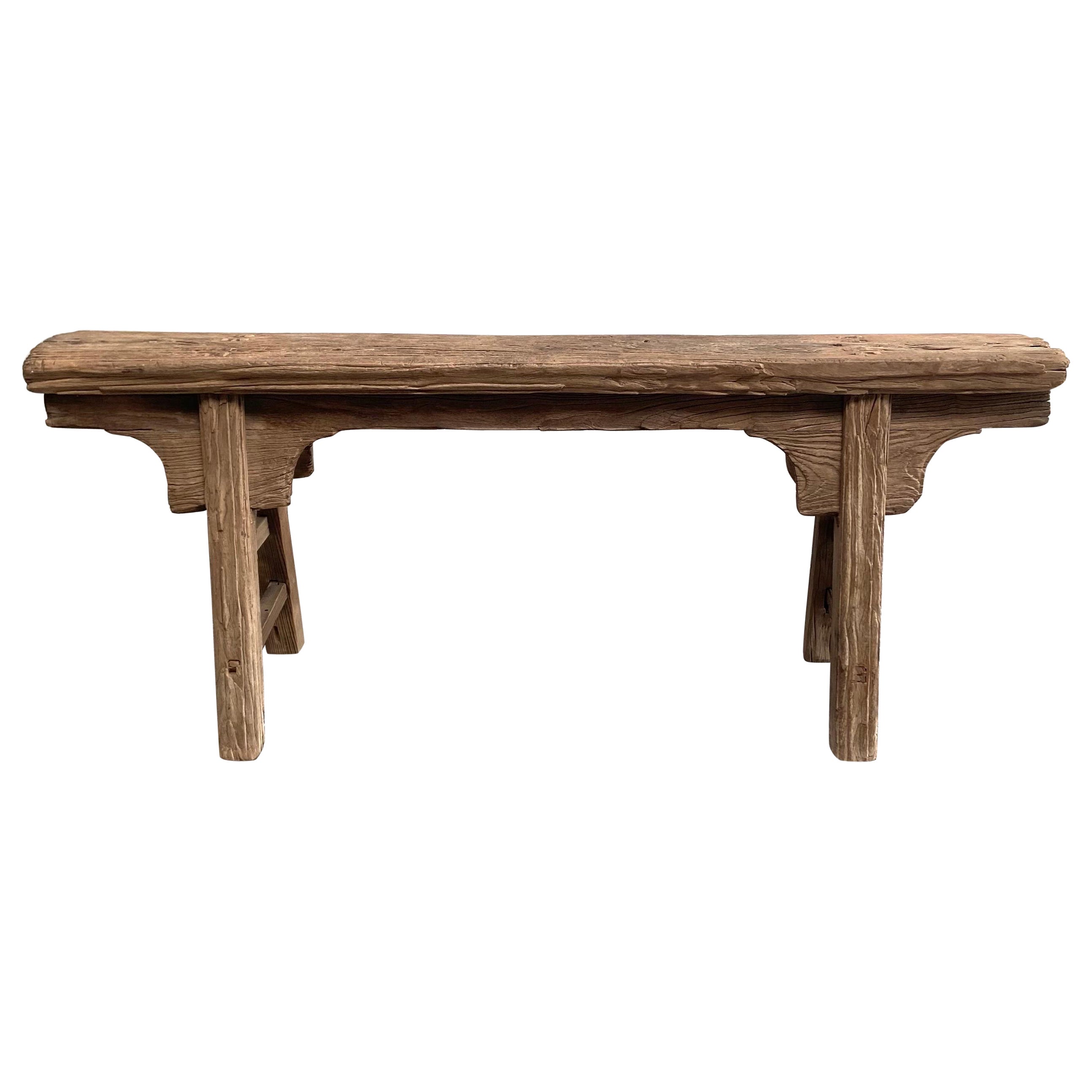 Antique Elm Wood Skinny Bench with Apron
