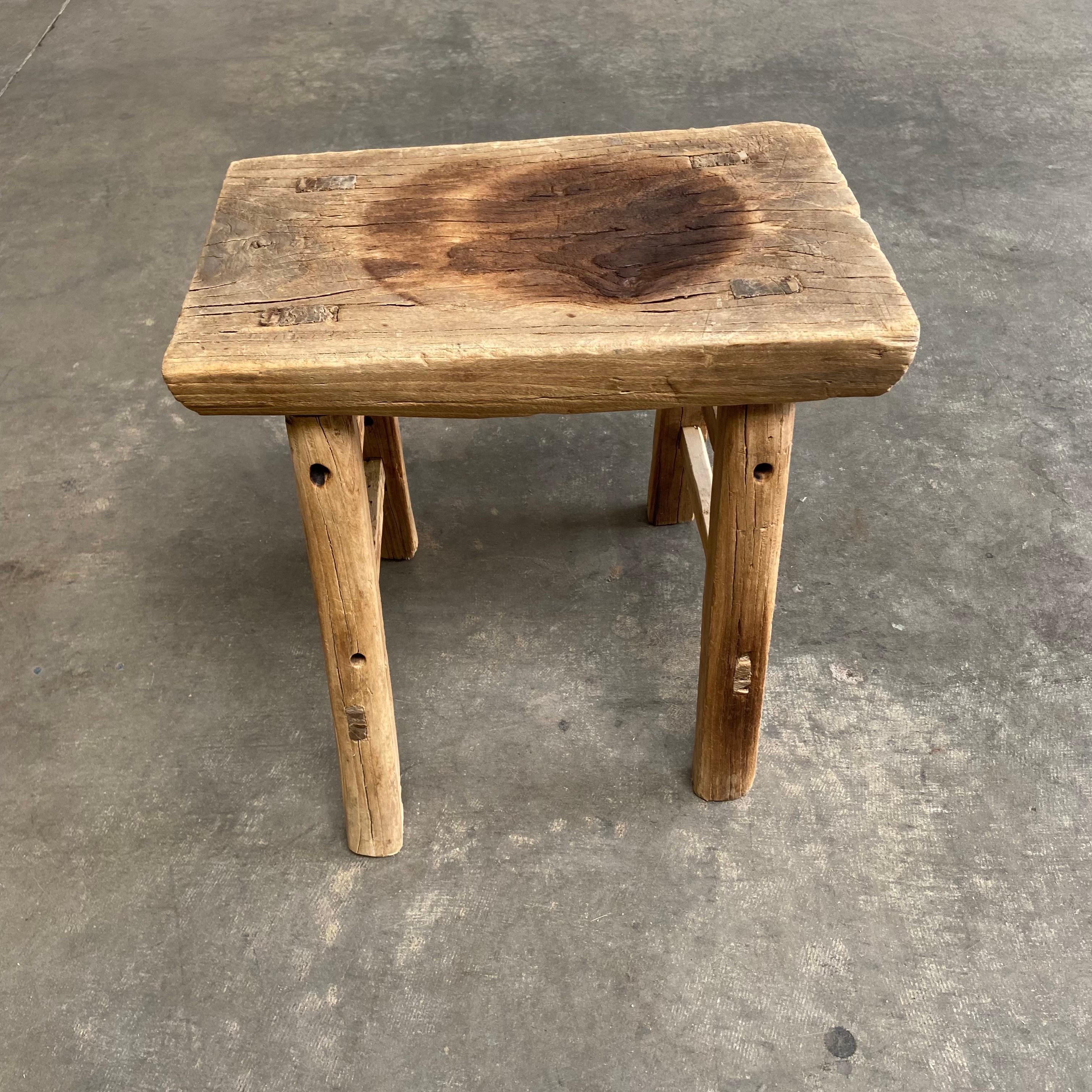 Antique Elm Wood Stool with Aged Top For Sale 1