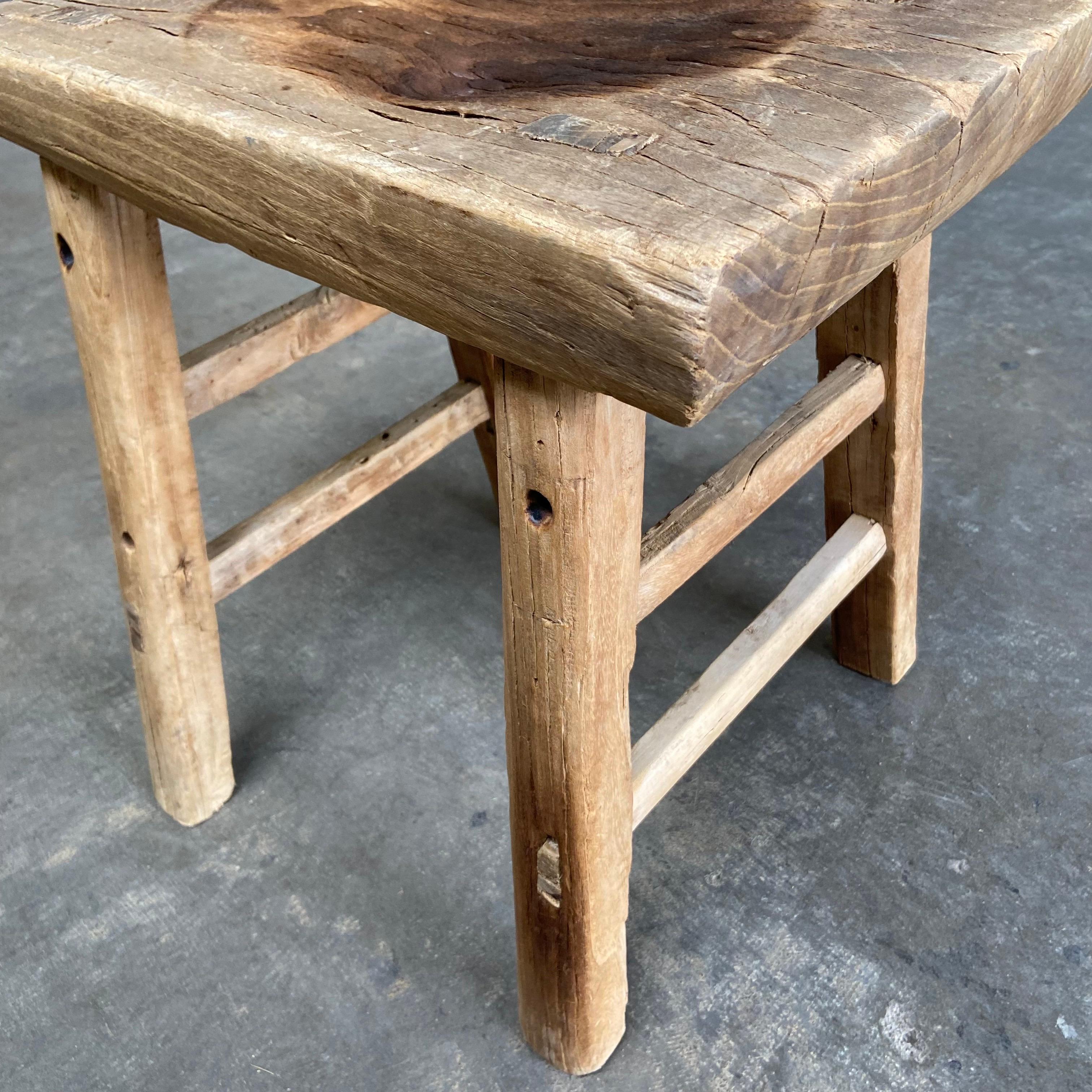 Antique Elm Wood Stool with Aged Top For Sale 2
