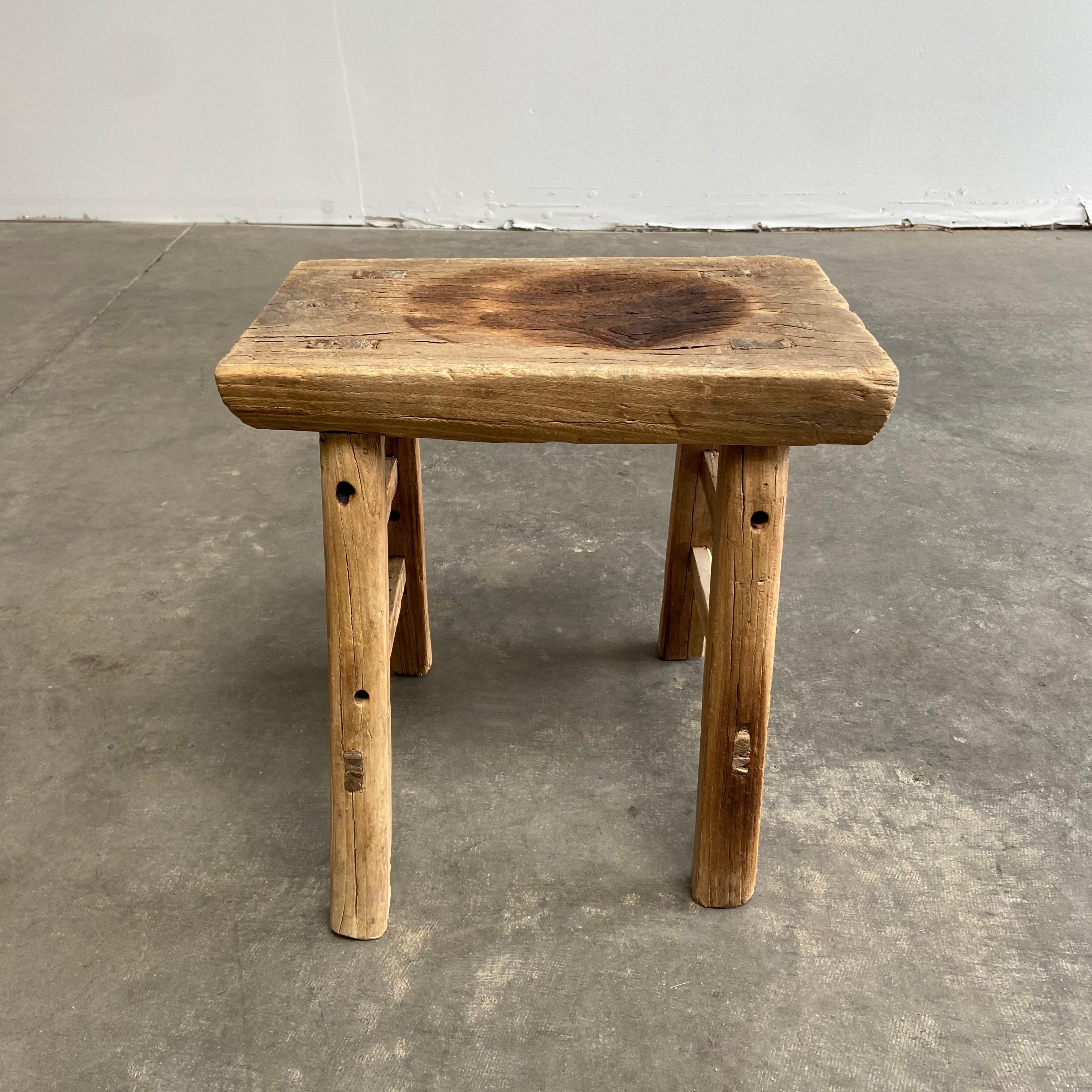 Antique Elm Wood Stool with Aged Top For Sale 3